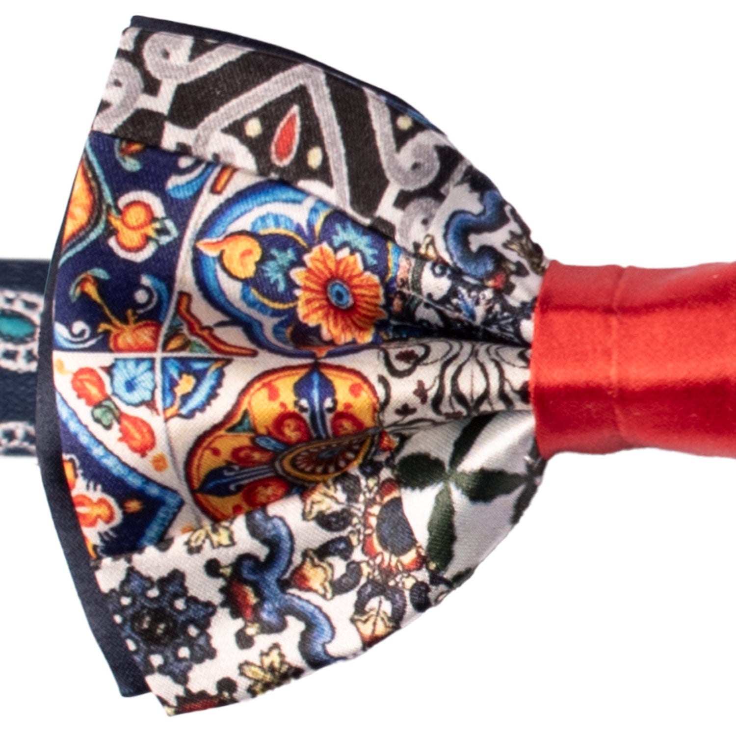 Papillon Siciliano Annodato Vintage Patchwork di Raso con Maioliche Multicolor PATCH1190 Made in Italy Graffeo Cravatte Dettaglio