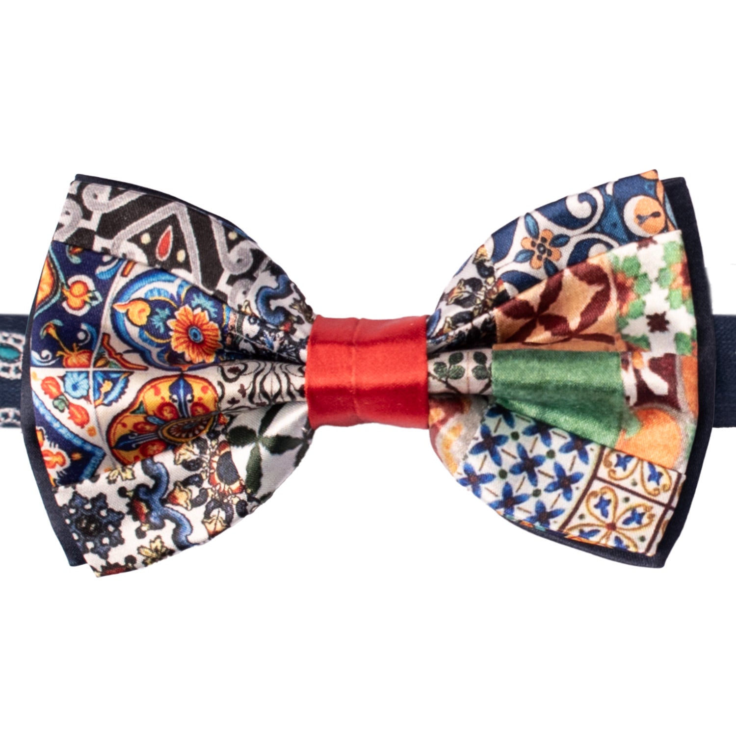 Papillon Siciliano Annodato Vintage Patchwork di Raso con Maioliche Multicolor PATCH1190 Made in Italy Graffeo Cravatte