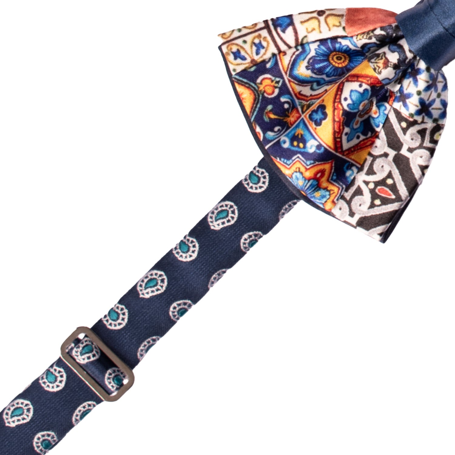 Papillon Siciliano Annodato Vintage Patchwork di Raso con Maioliche Multicolor PATCH1191 Made in Italy Graffeo Cravatte Pre-Tied