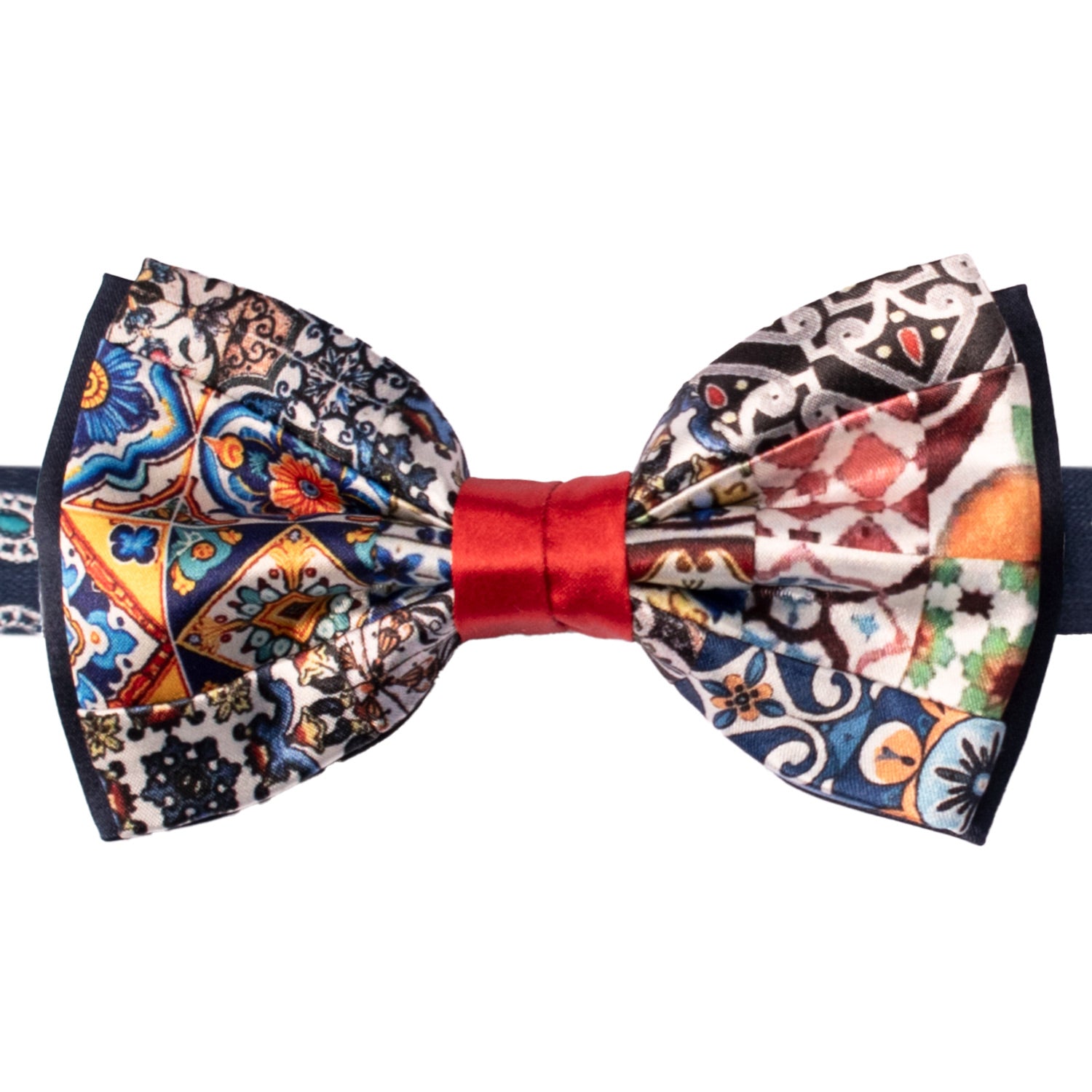 Papillon Siciliano Annodato Vintage Patchwork di Raso con Maioliche Multicolor PATCH1192 Made in Italy Graffeo Cravatte
