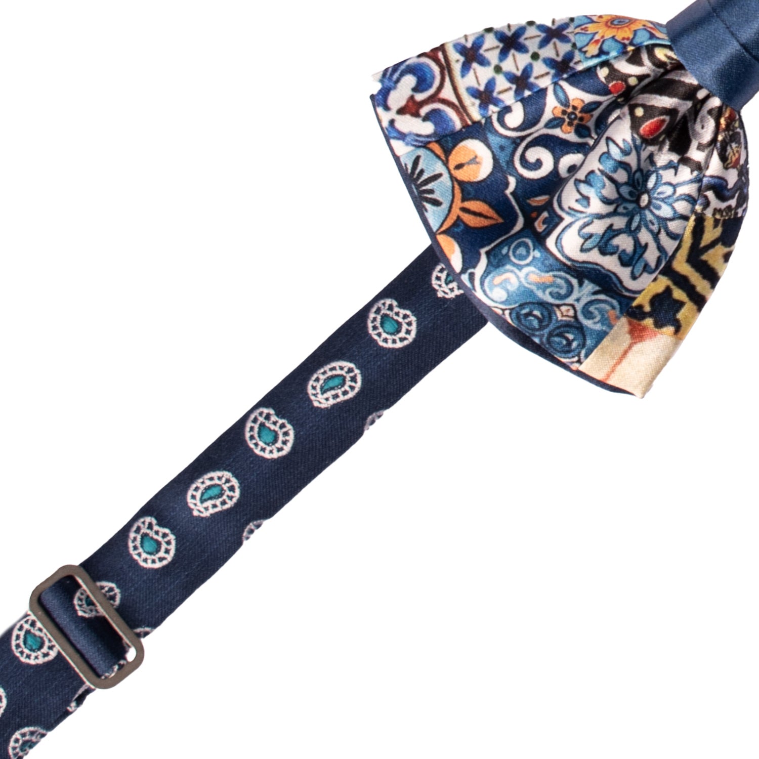 Papillon Siciliano Annodato Vintage Patchwork di Raso con Maioliche Multicolor PATCH1193 Made in Italy Graffeo Cravatte Pre-Tied