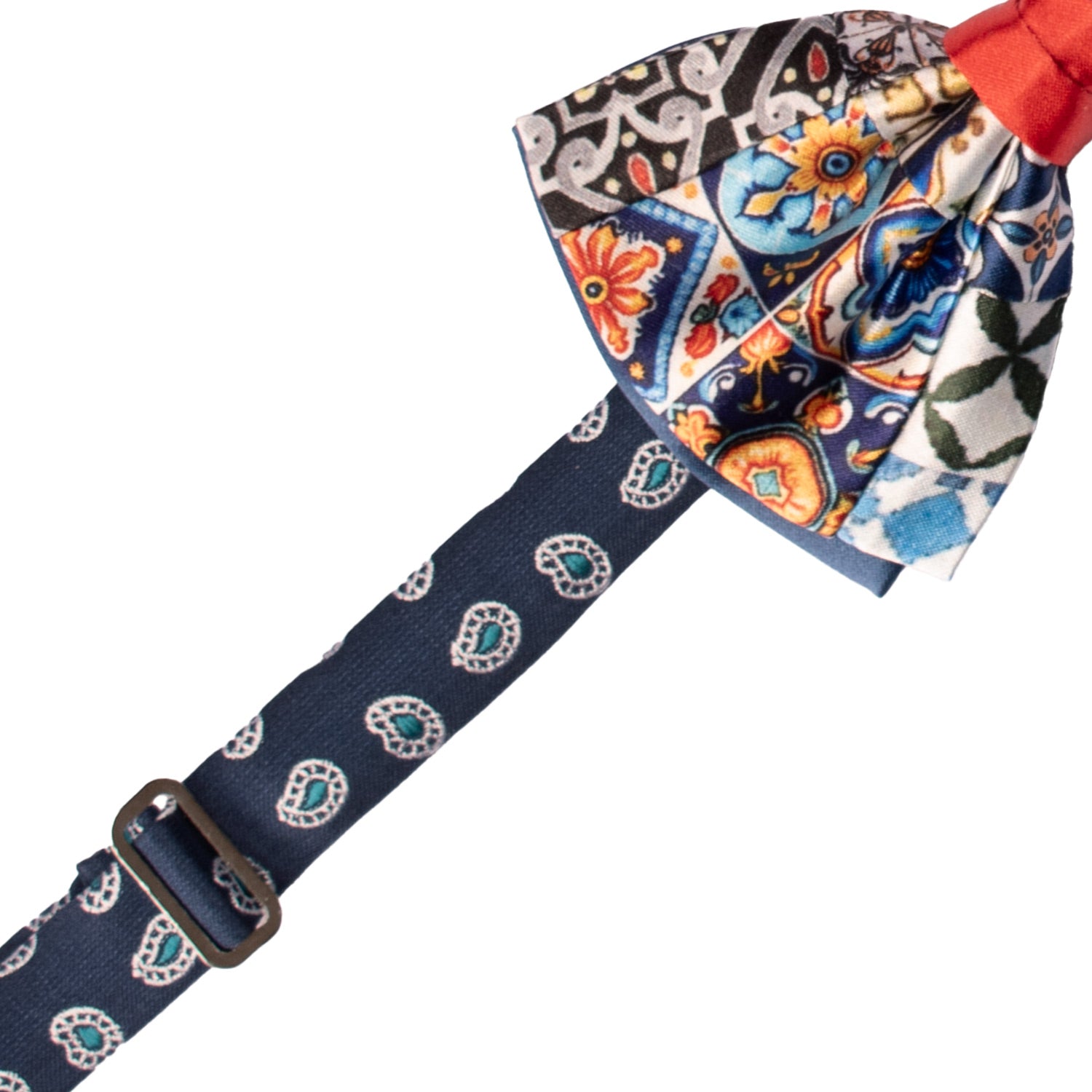 Papillon Siciliano Annodato Vintage Patchwork di Raso con Maioliche Multicolor PATCH1194 Made in Italy Graffeo Cravatte Pre-Tied