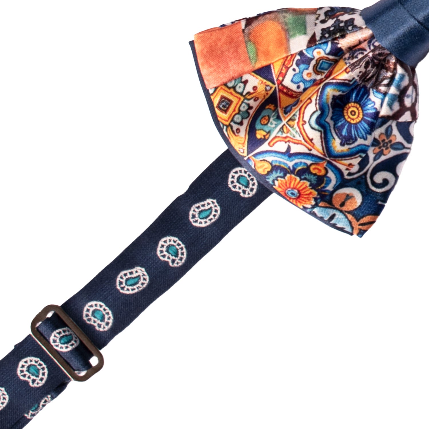 Papillon Siciliano Annodato Vintage Patchwork di Raso con Maioliche Multicolor PATCH1195 Made in Italy Graffeo Cravatte Pre-Tied