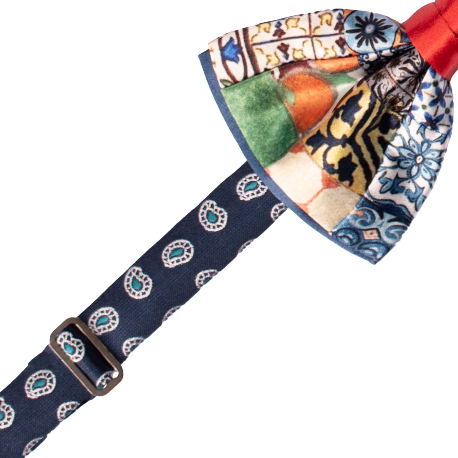 Papillon Siciliano Annodato Vintage Patchwork di Raso con Maioliche Multicolor PATCH1196 Made in Italy Graffeo Cravatte Pre-Tied
