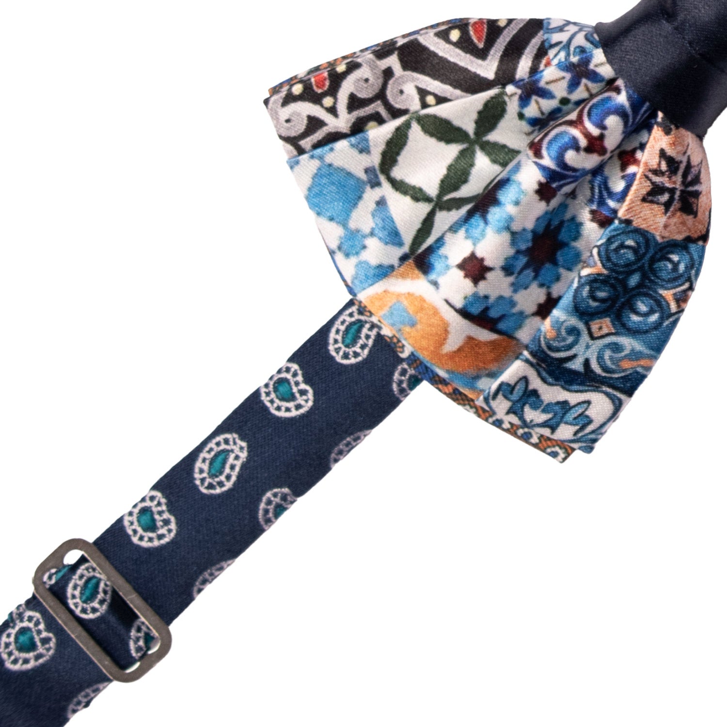 Papillon Siciliano Annodato Vintage Patchwork di Raso con Maioliche Multicolor PATCH1197 Made in Italy Graffeo Cravatte Pre-Tied