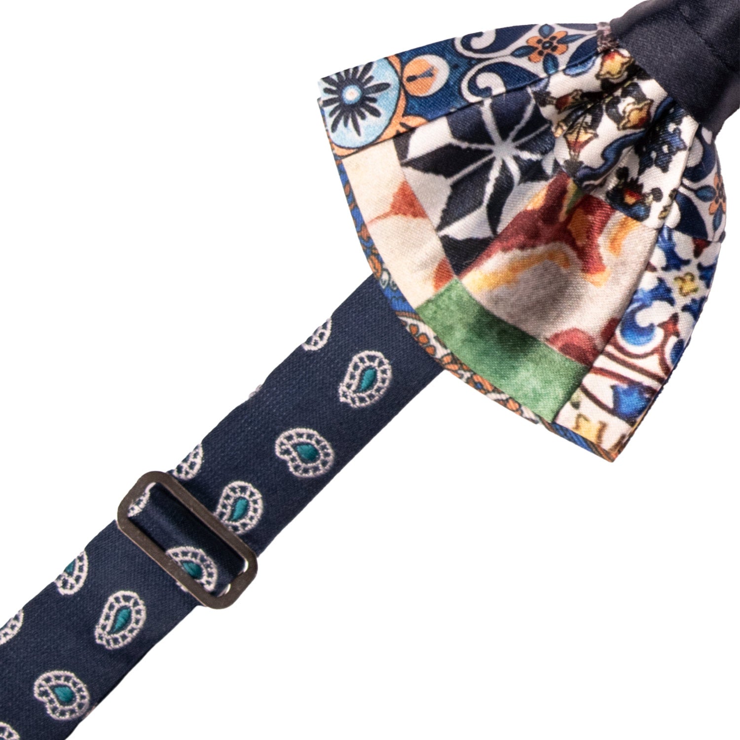 Papillon Siciliano Annodato Vintage Patchwork di Raso con Maioliche Multicolor PATCH1198 Made in Italy Graffeo Cravatte Pre-Tied