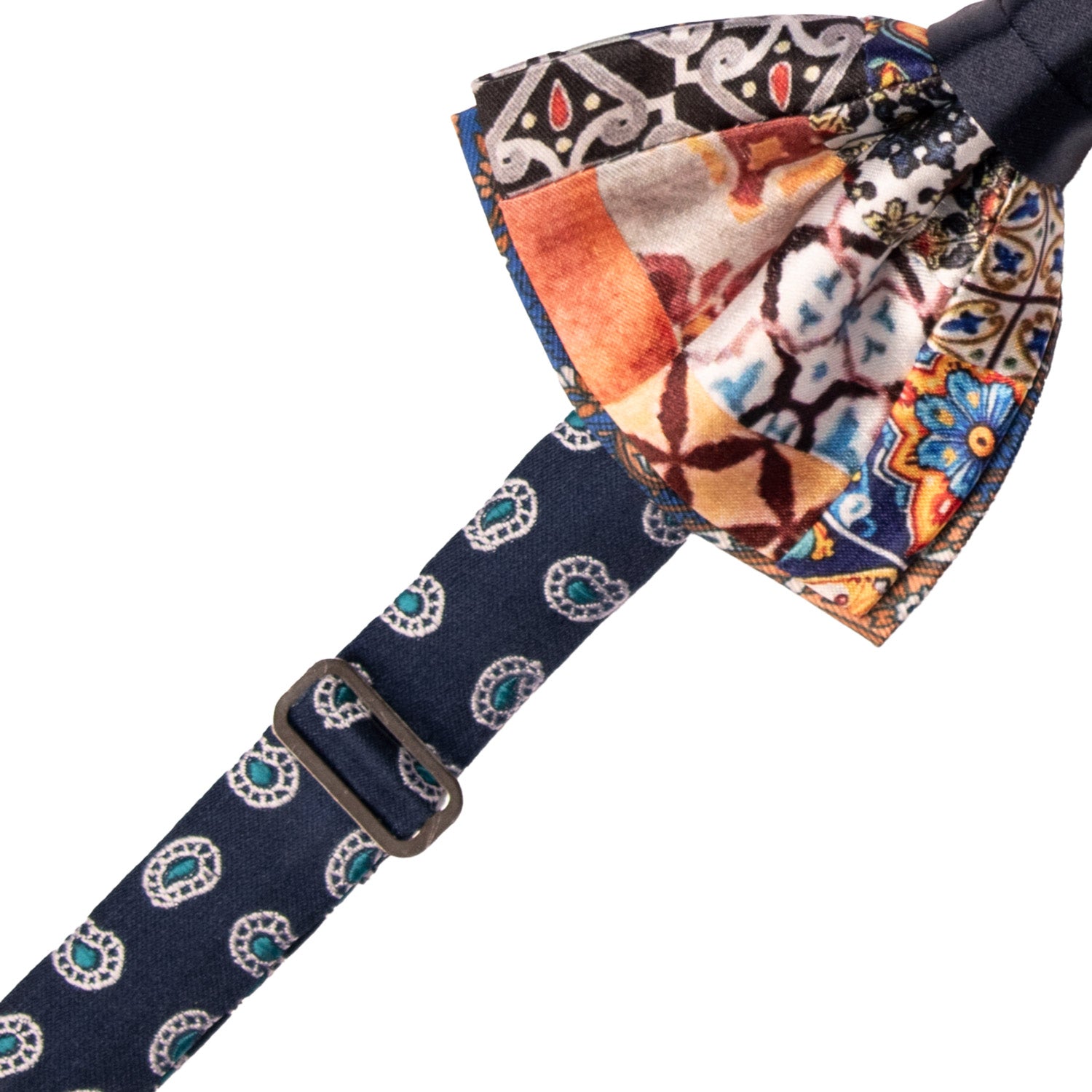 Papillon Siciliano Annodato Vintage Patchwork di Raso con Maioliche Multicolor PATCH1199 Made in Italy Graffeo Cravatte Pre-Tied