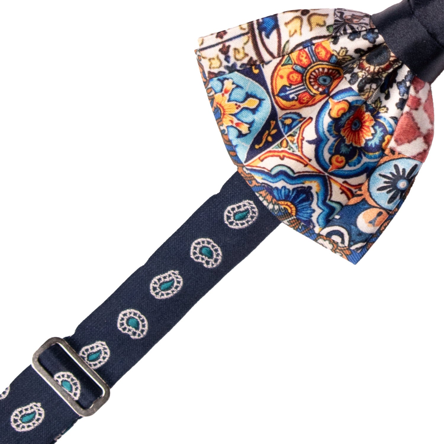 Papillon Siciliano Annodato Vintage Patchwork di Raso con Maioliche Multicolor PATCH1201 Made in Italy Graffeo Cravatte Pre-Tied