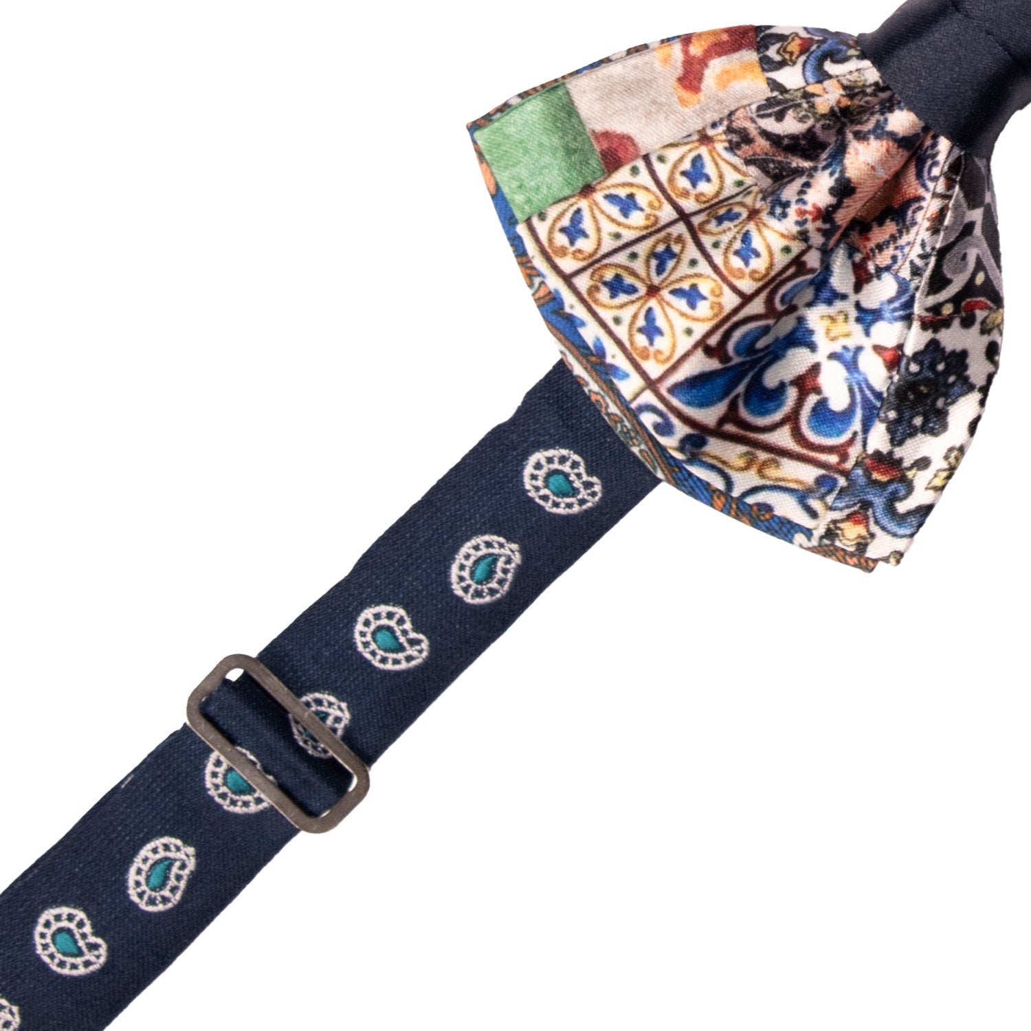 Papillon Siciliano Annodato Vintage Patchwork di Raso con Maioliche Multicolor PATCH1202 Made in Italy Graffeo Cravatte Pre-Tied