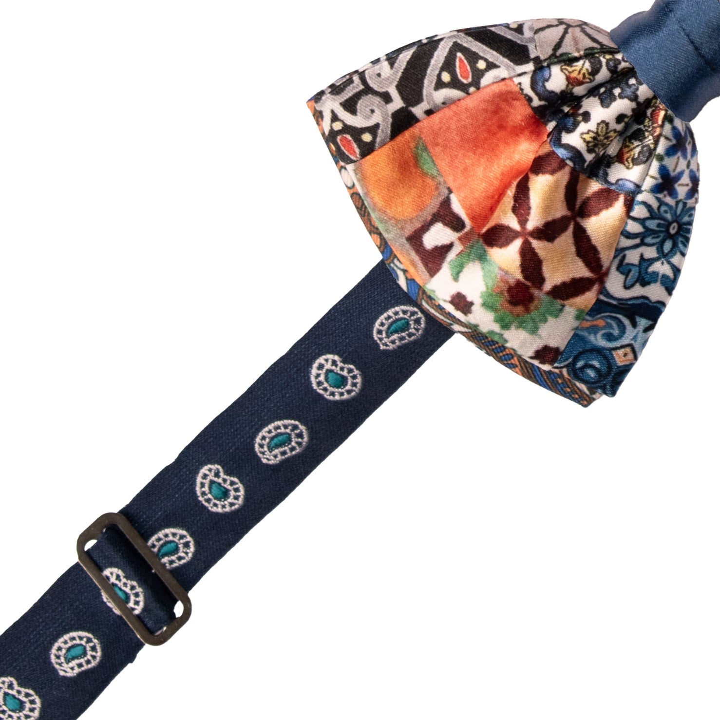 Papillon Siciliano Annodato Vintage Patchwork di Raso con Maioliche Multicolor PATCH1203 Made in Italy Graffeo Cravatte Pre-Tied