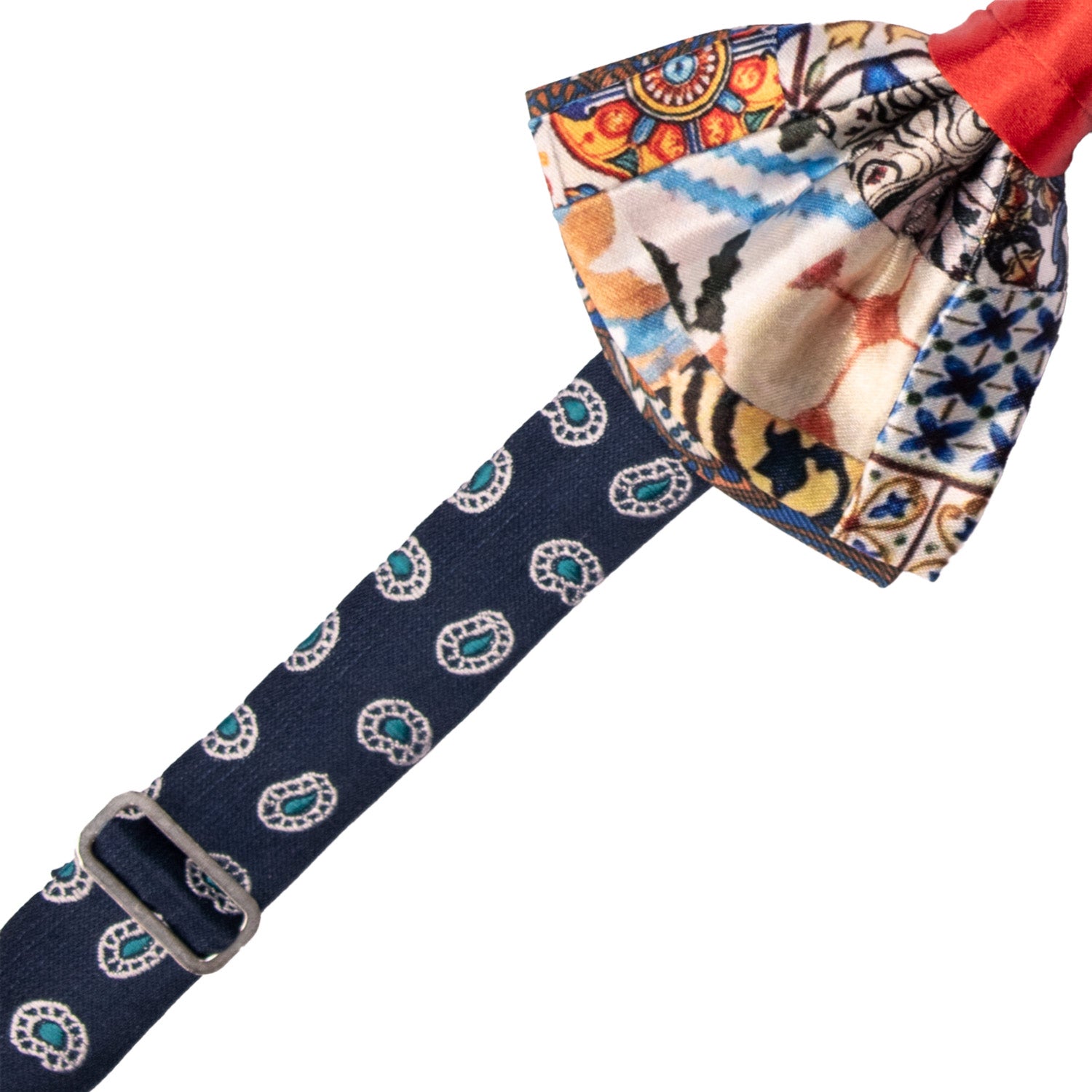 Papillon Siciliano Annodato Vintage Patchwork di Raso con Maioliche Multicolor PATCH1204 Made in Italy Graffeo Cravatte Pre-Tied