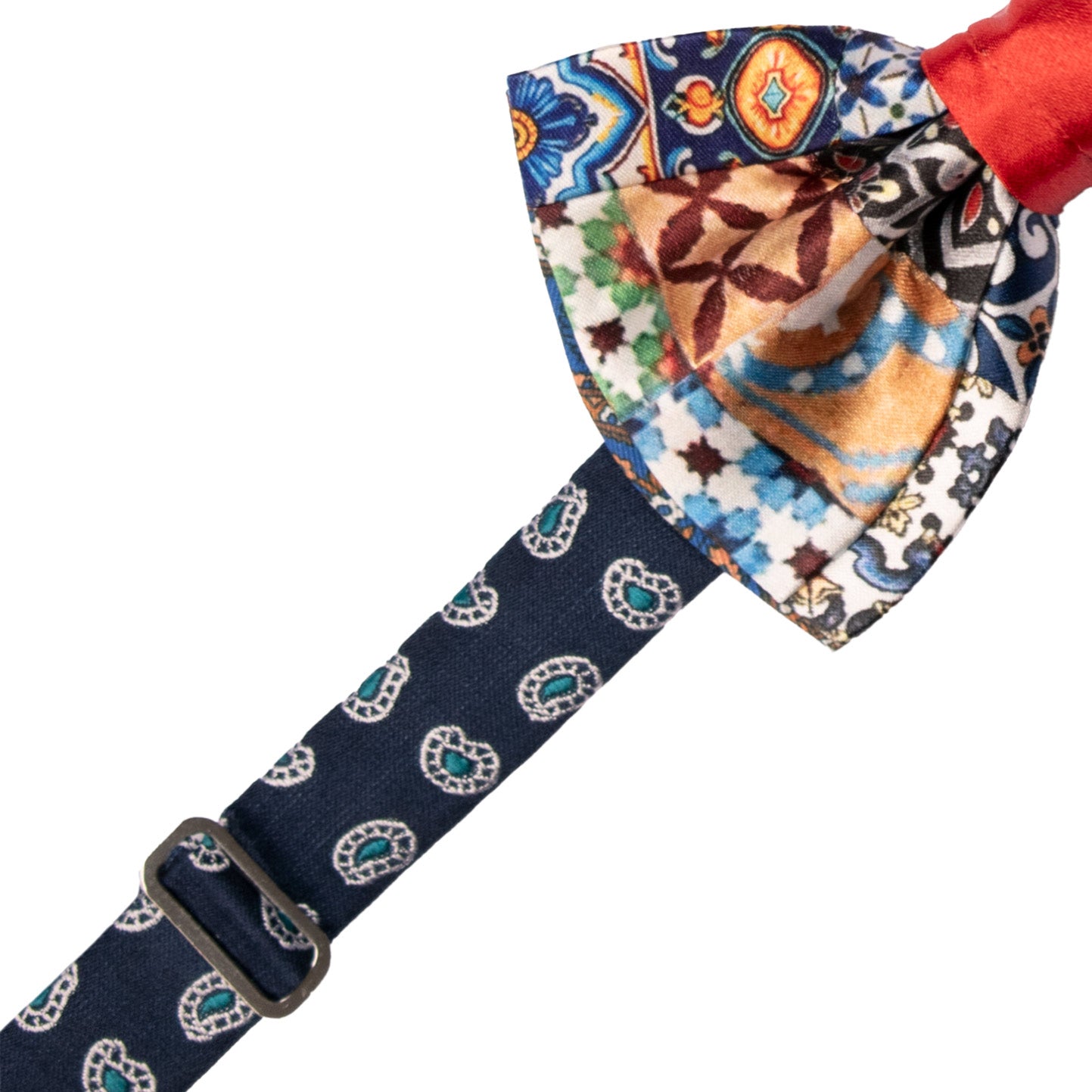 Papillon Siciliano Annodato Vintage Patchwork di Raso con Maioliche Multicolor PATCH1205 Made in Italy Graffeo Cravatte Pre-Tied