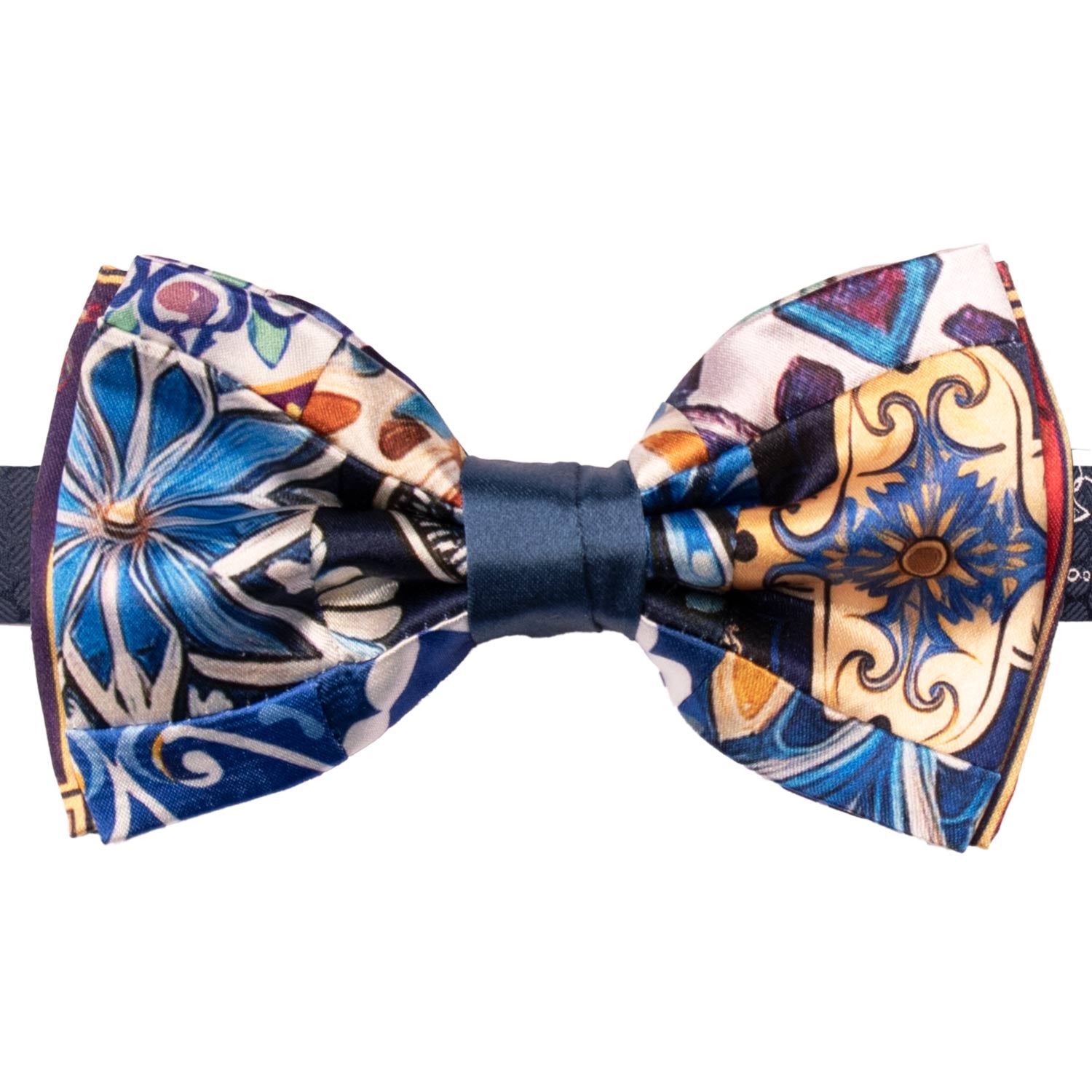 Papillon Siciliano Annodato Vintage Patchwork di Raso con Maioliche Multicolor PATCH1221 Made in Italy Graffeo Cravatte