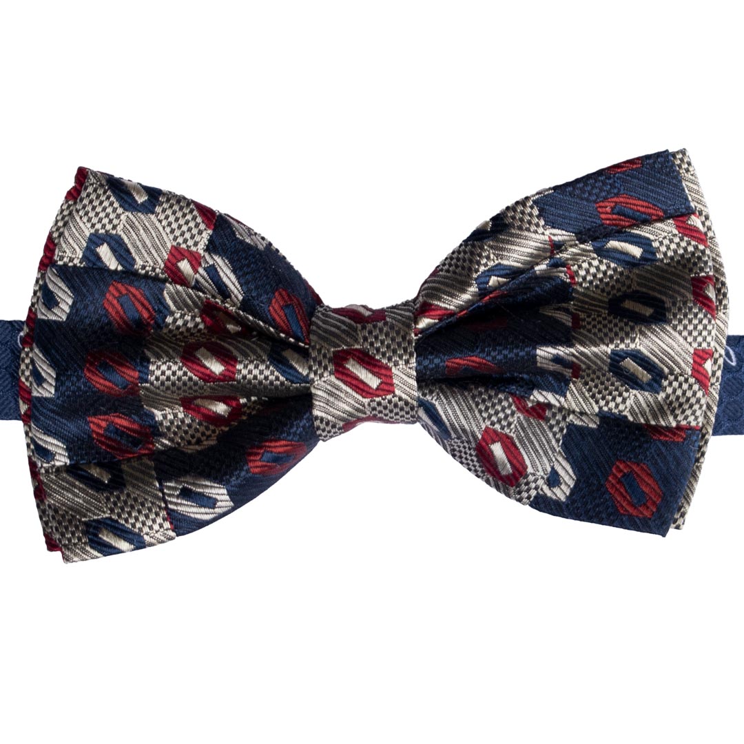 Papillon Uomo Patchwork di Seta Blu Platino Fantasia Rossa Made in Italy Graffeo Cravatte