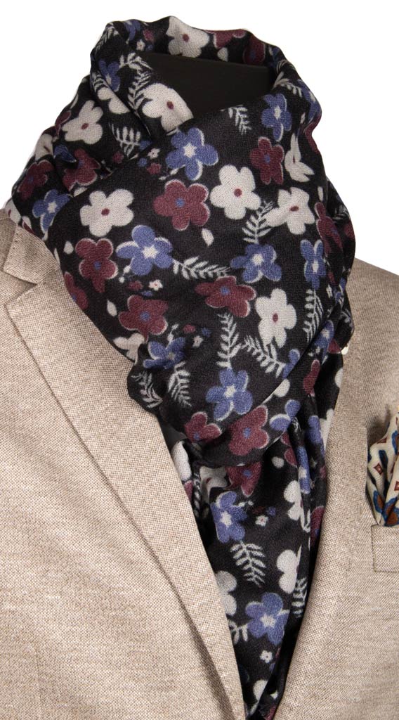 Sciarpa Pashmina di Cashmere Color Vinaccia a Fiori Multicolor Made in Italy Graffeo Cravatte