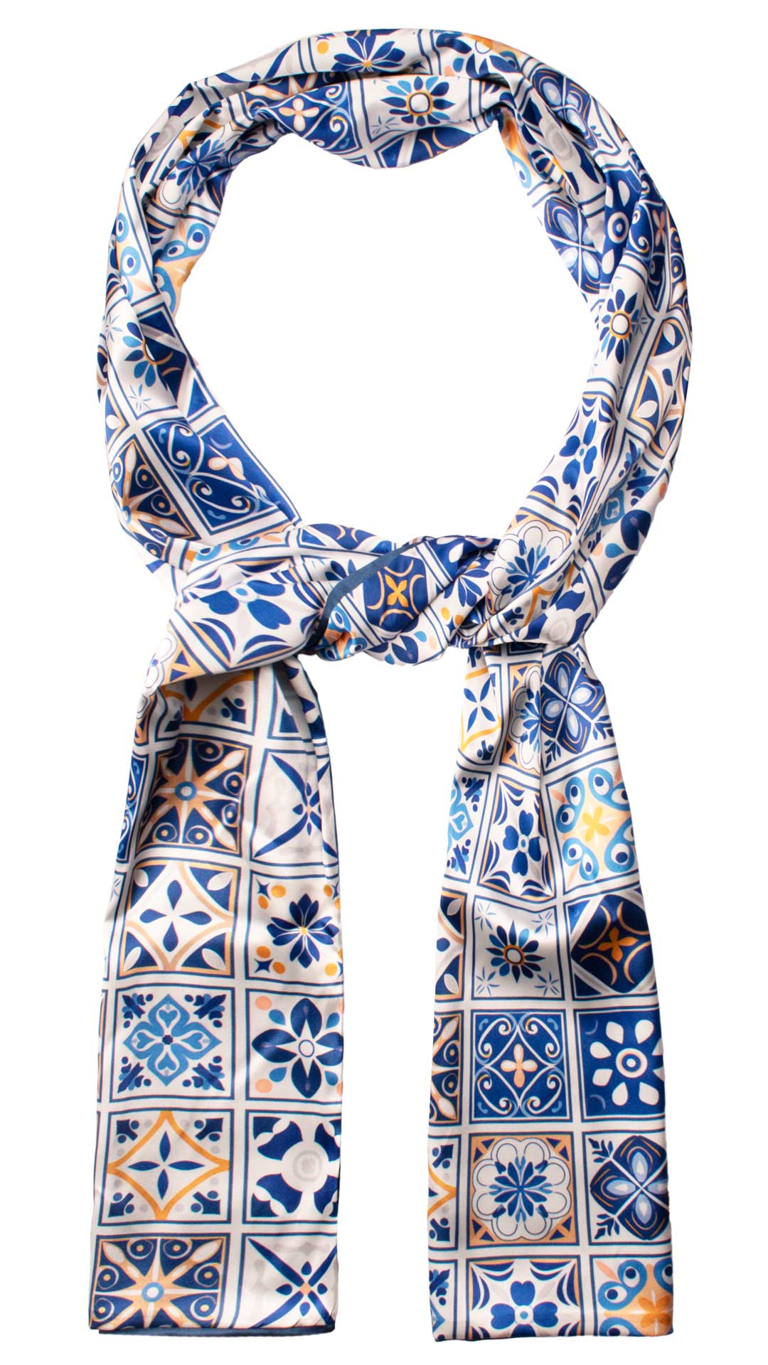 Sciarpa Siciliana Stampa di Raso Bianca con Maioliche Giallo Ocra Blu S15 Made in Italy Graffeo Cravatte Anello