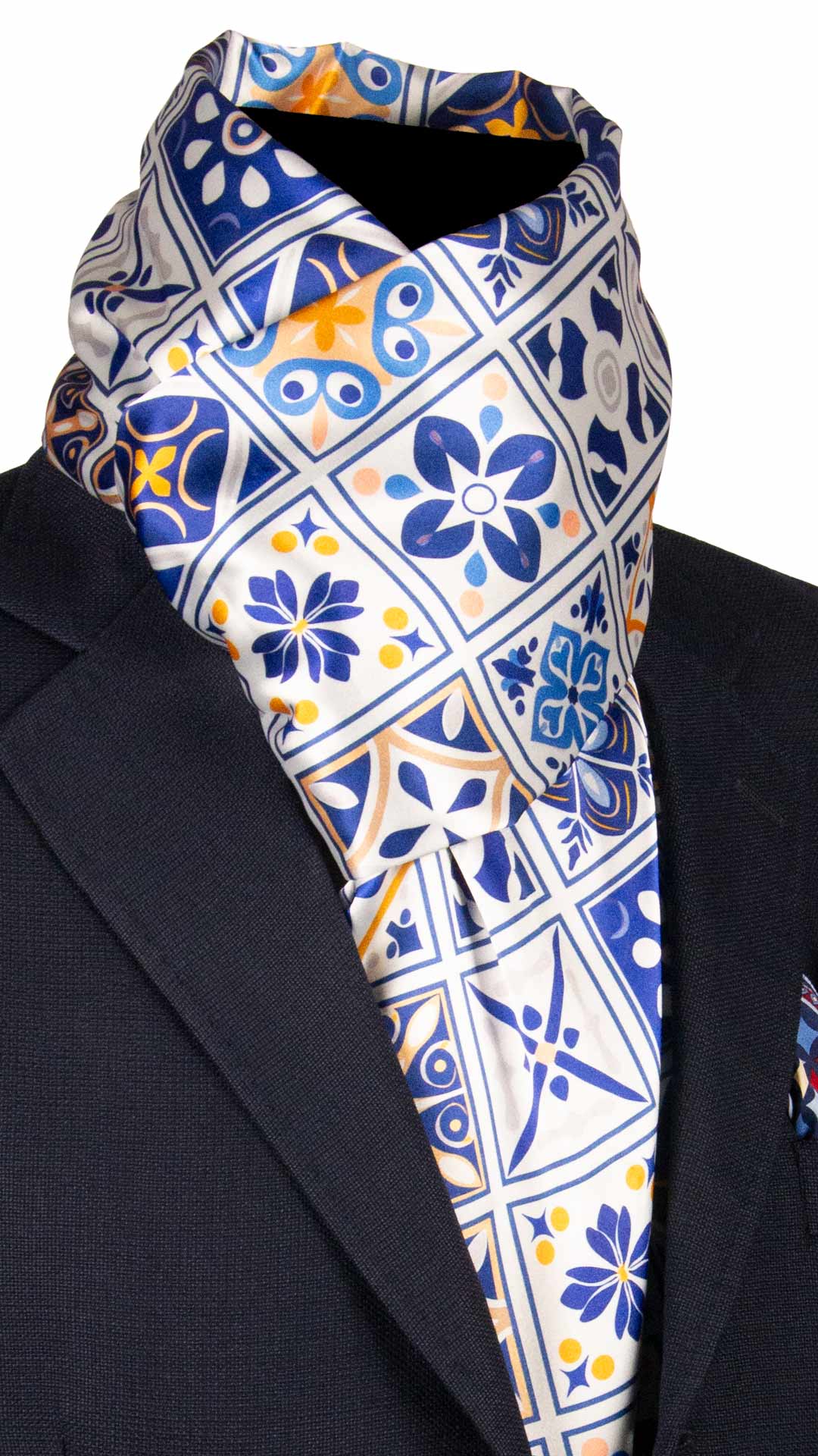 Sciarpa Siciliana Stampa di Raso Bianca con Maioliche Giallo Ocra Blu S15 Made in Italy Graffeo Cravatte