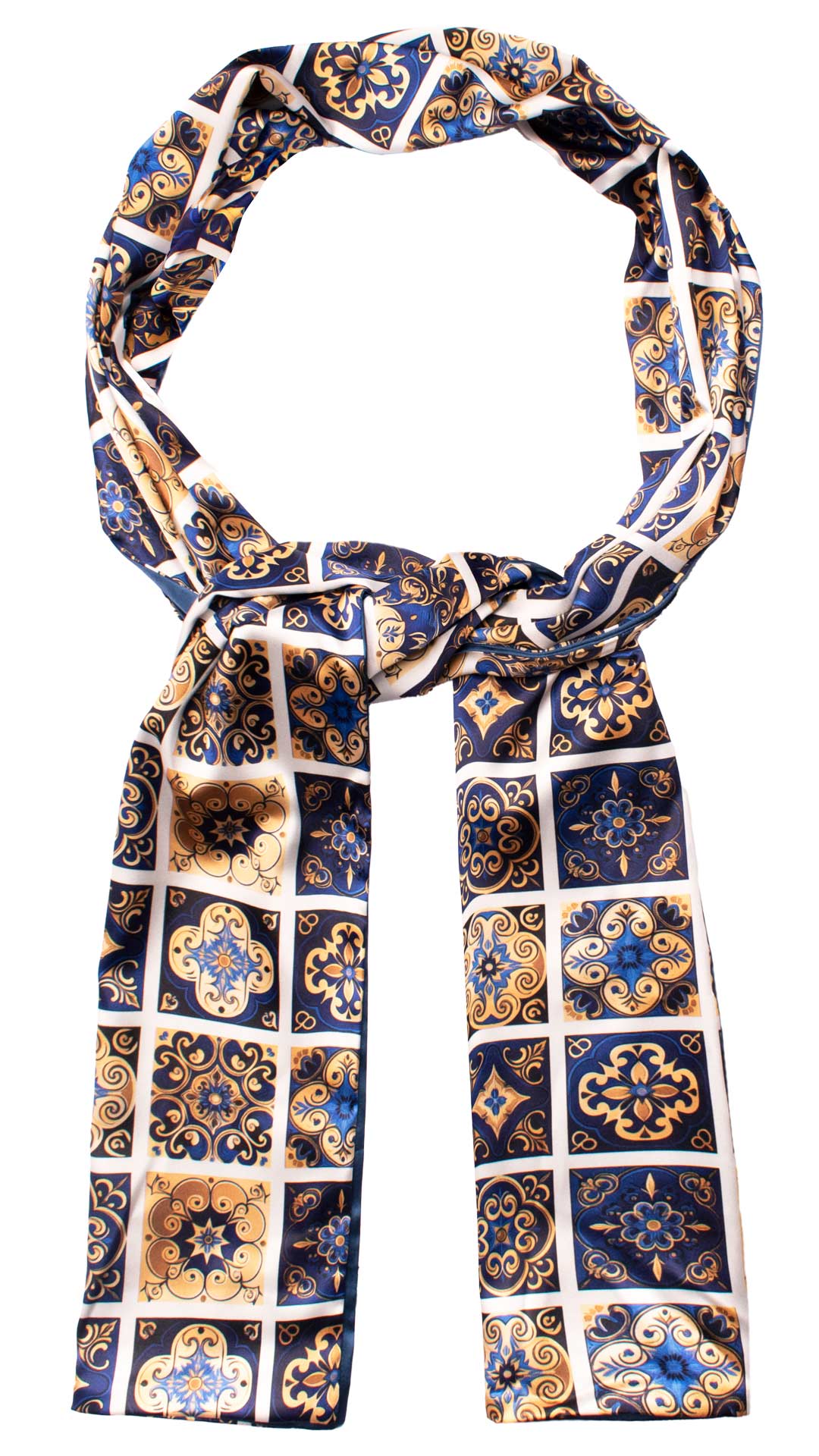 Sciarpa Siciliana Stampa di Raso con Maioliche Giallo Oro Blu Bluette S12 Made in Italy Graffeo Cravatte Rotolo