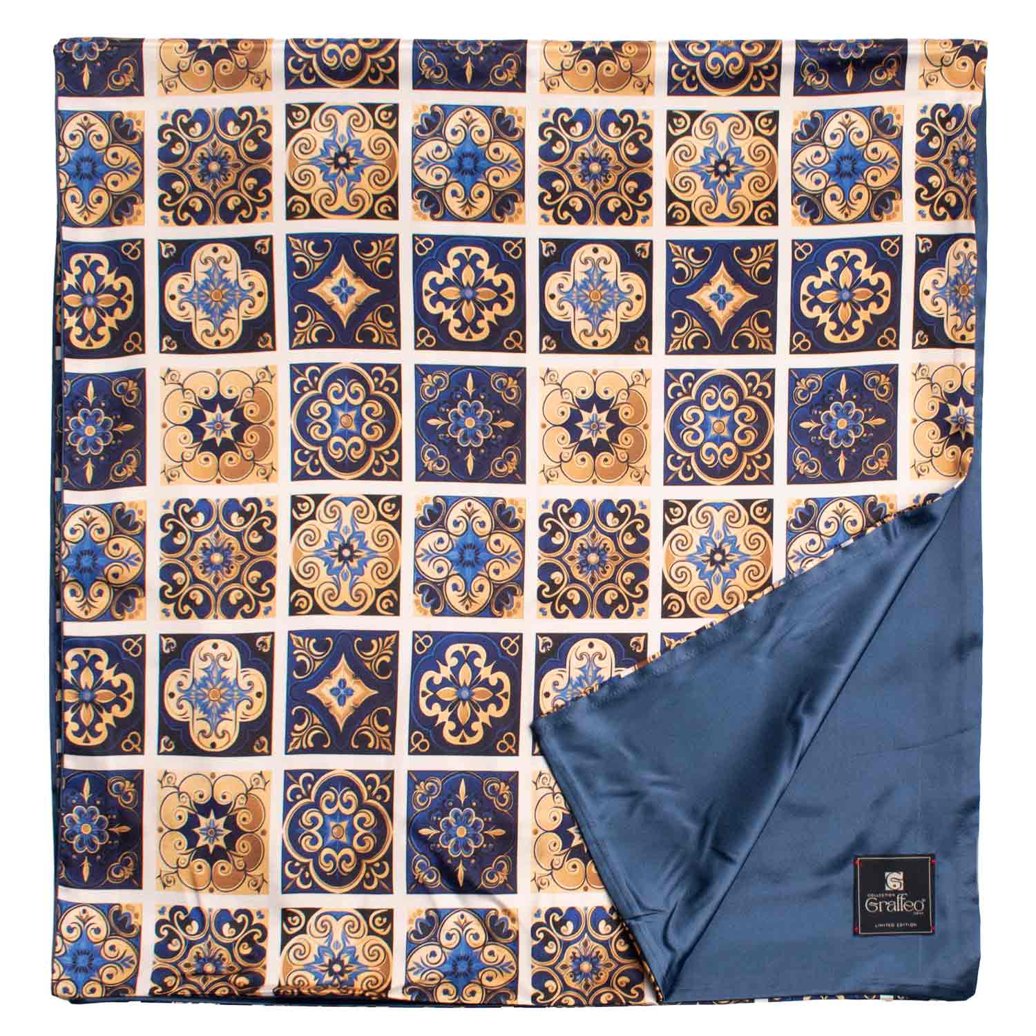 Sciarpa Siciliana Stampa di Raso con Maioliche Giallo Oro Blu Bluette S12 Made in Italy Graffeo Cravatte Retro