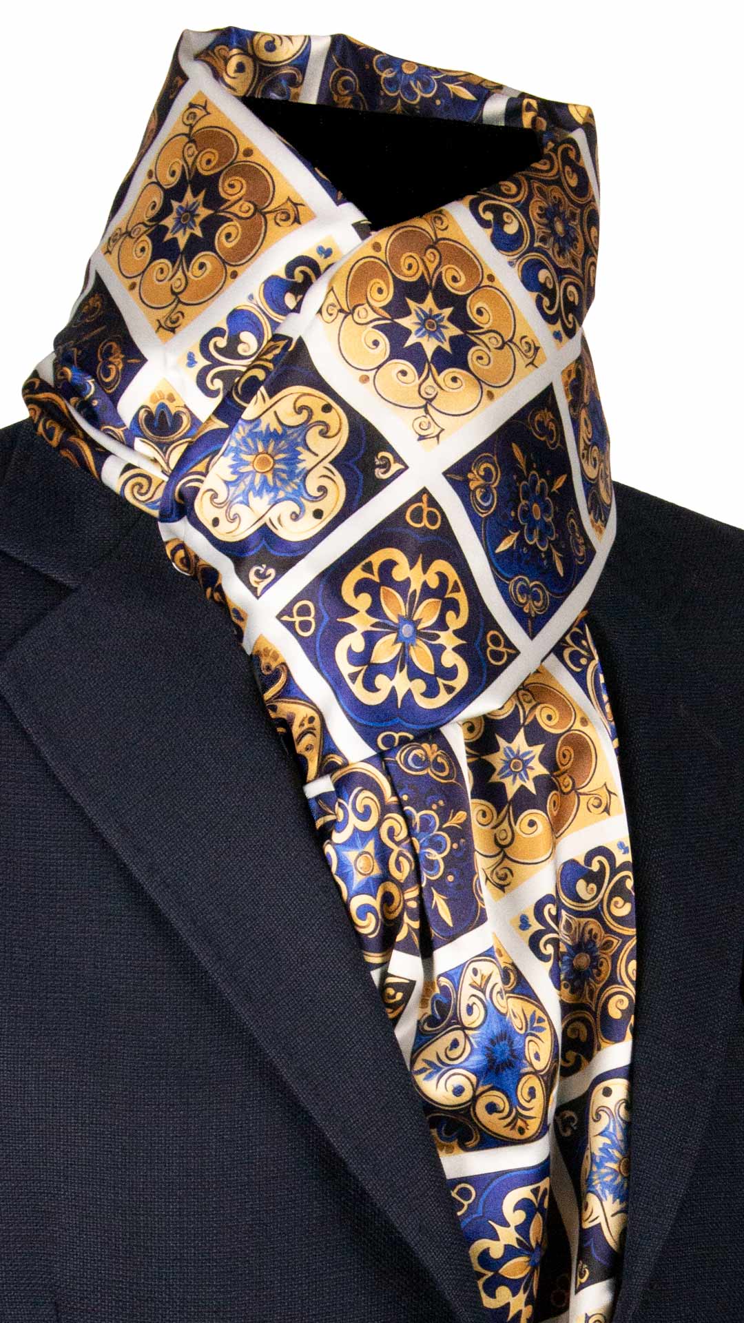 Sciarpa Siciliana Stampa di Raso con Maioliche Giallo Oro Blu Bluette S12 Made in Italy Graffeo Cravatte