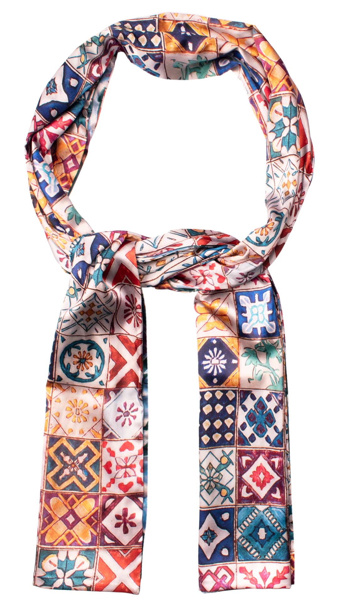 Sciarpa Siciliana Stampa di Raso con Maioliche Multicolor S10 Made in Italy Graffeo Cravatte Anello