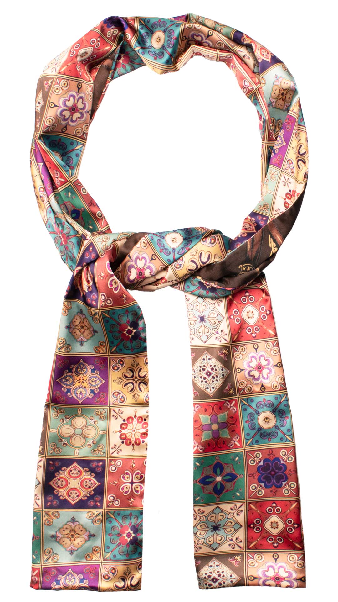 Sciarpa Siciliana Stampa di Raso con Maioliche Multicolor S11 Made in Italy Graffeo Cravatte Anello