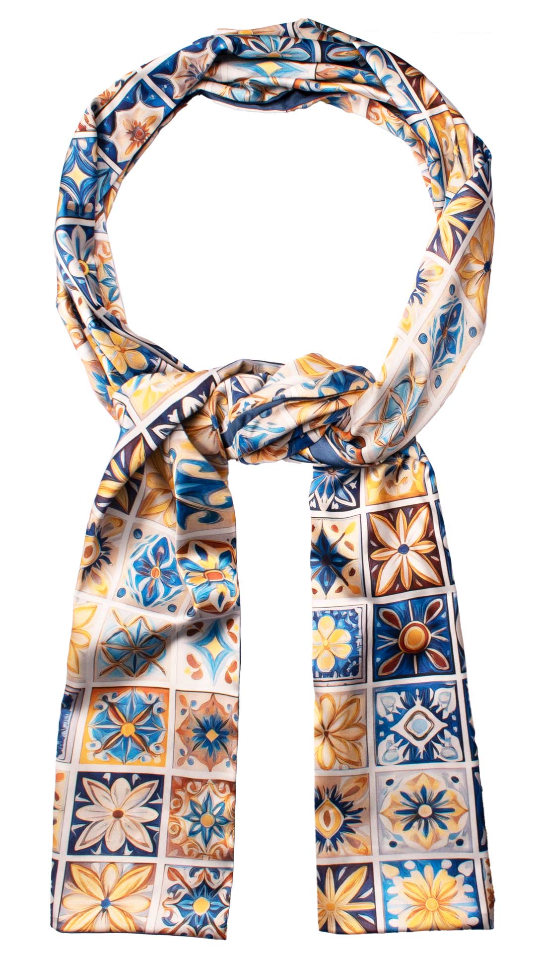 Sciarpa Siciliana Stampa di Raso con Maioliche Multicolor S14 Made in Italy Graffeo Cravatte Anello