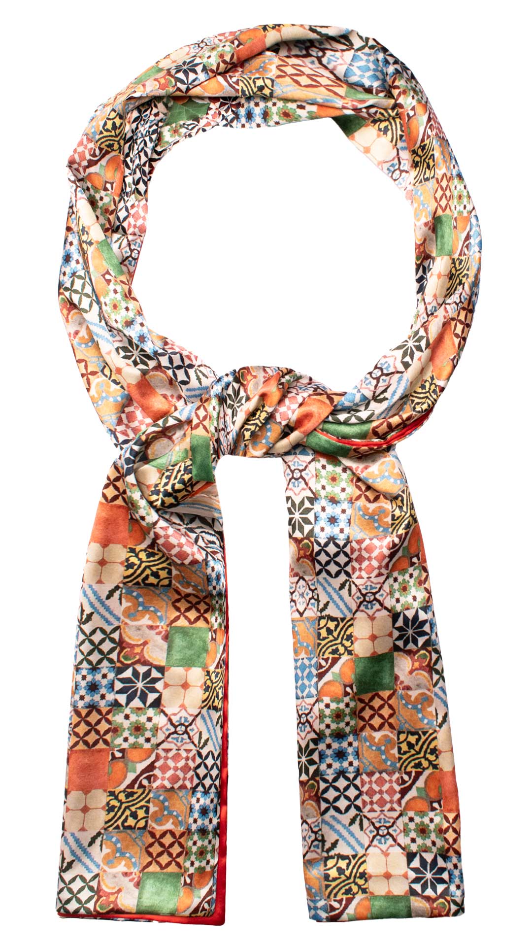 Sciarpa Siciliana Stampa di Raso con Maioliche Multicolor S5 Made in Italy Graffeo Cravatte Anello
