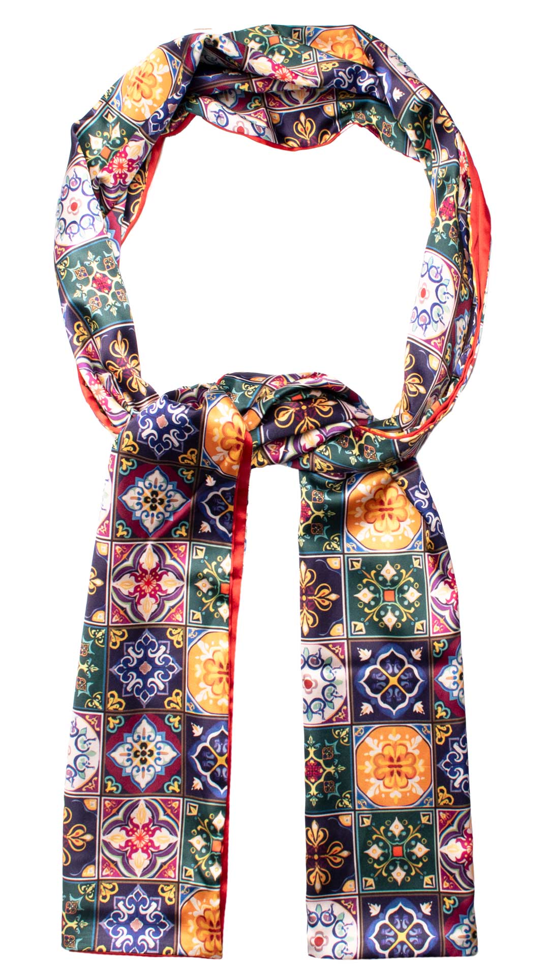 Sciarpa Siciliana Stampa di Raso con Maioliche Multicolor S9 Made in Italy Graffeo Cravatte Anello