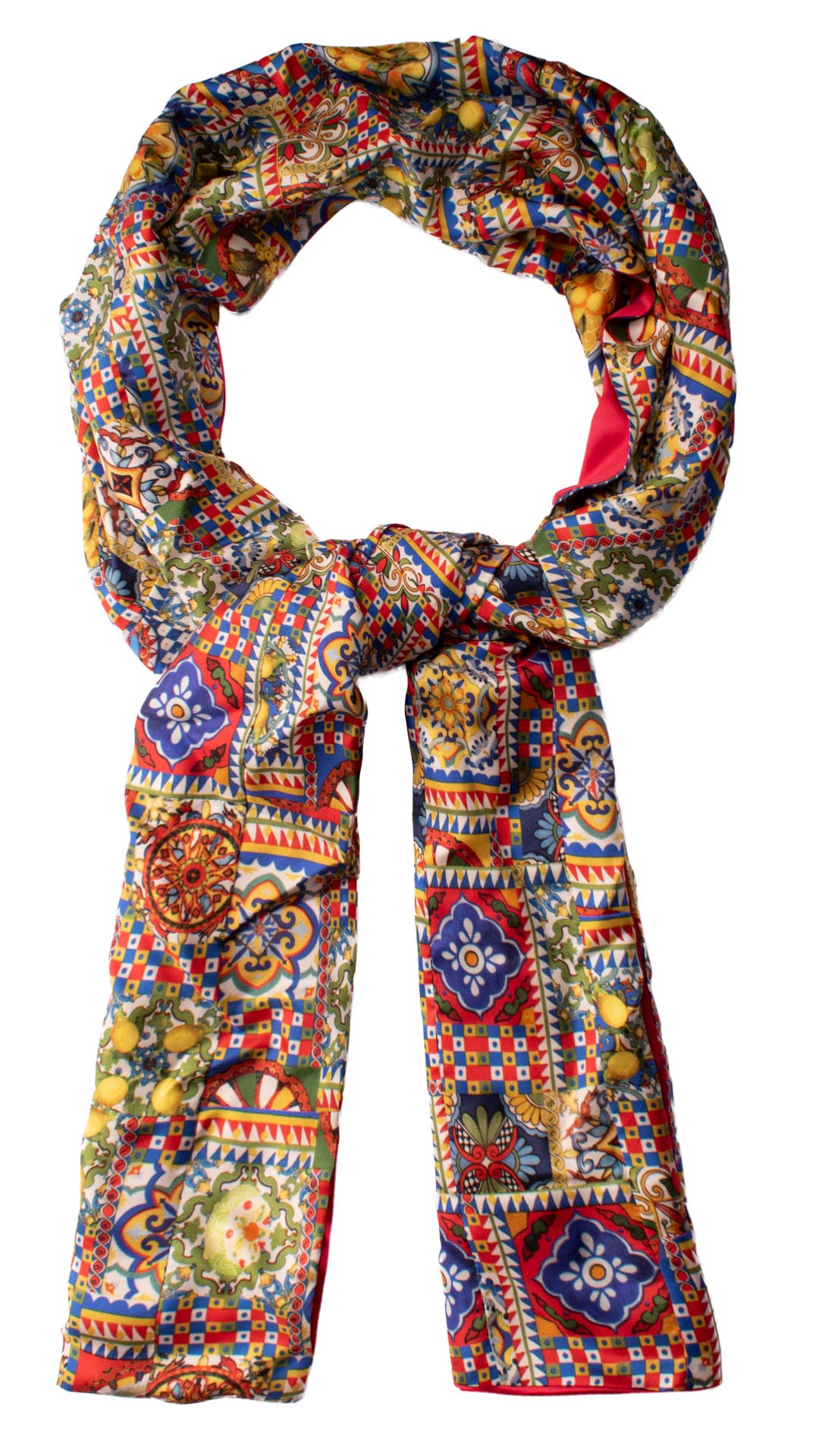 Sciarpa Siciliana Vintage Patchwork Stampa in Twill di Seta con Maioliche Multicolor S475 Made in Italy Graffeo Cravatte Anello