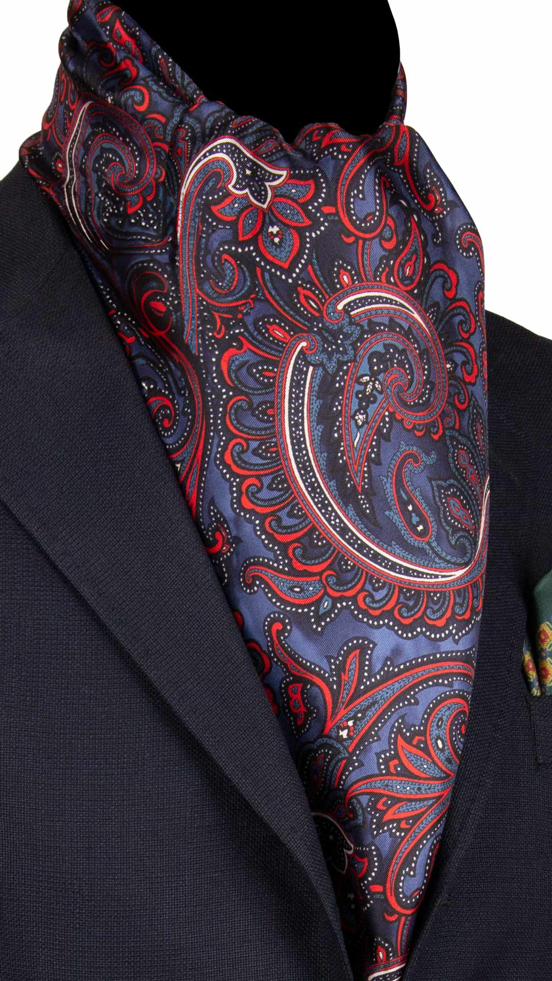 Sciarpa-ad-una-Foglia-di-Seta-Blu-Avio-Paisley-Rosso-Bianco-SF28