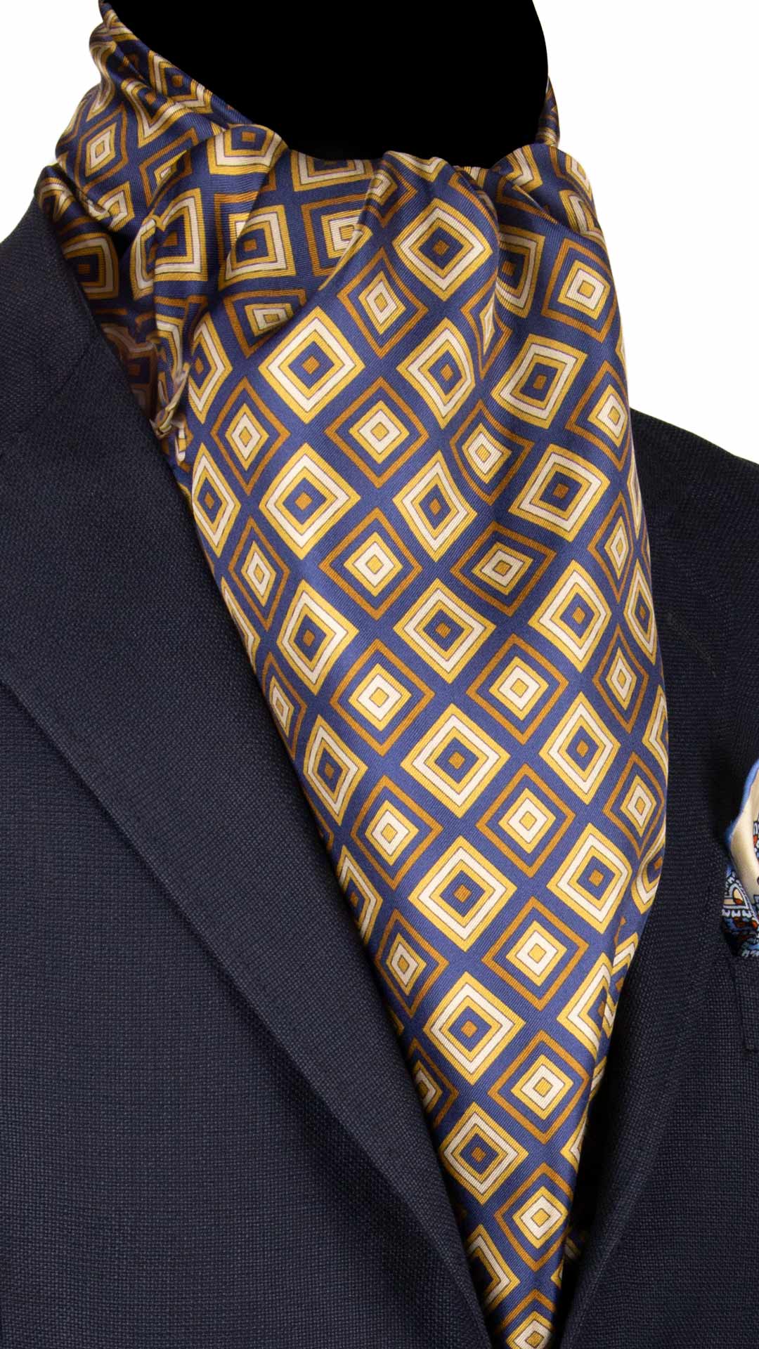 Sciarpa-ad-una-Foglia-di-Seta-Blu-Navy-Fantasia-Marrone-Beige-Giallo-Oro-SF41