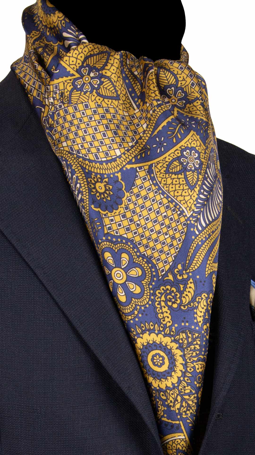 Sciarpa-ad-una-Foglia-di-Seta-Bluette-Fantasia-Gialla-Oro-Beige-SF52