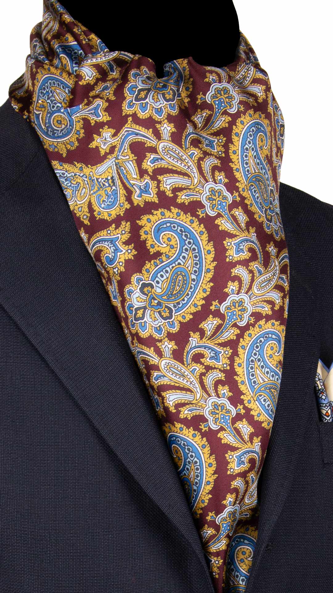 Sciarpa-ad-una-Foglia-di-Seta-Bordeaux-Paisley-Giallo-Senape-Celeste-Bianco-SF47