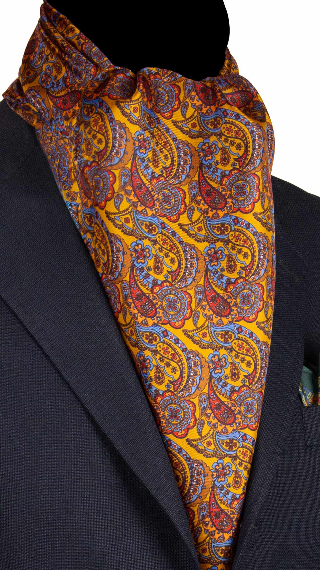 Sciarpa-ad-una-Foglia-di-Seta-Giallo-Senape-Paisley-Multicolor-SF36