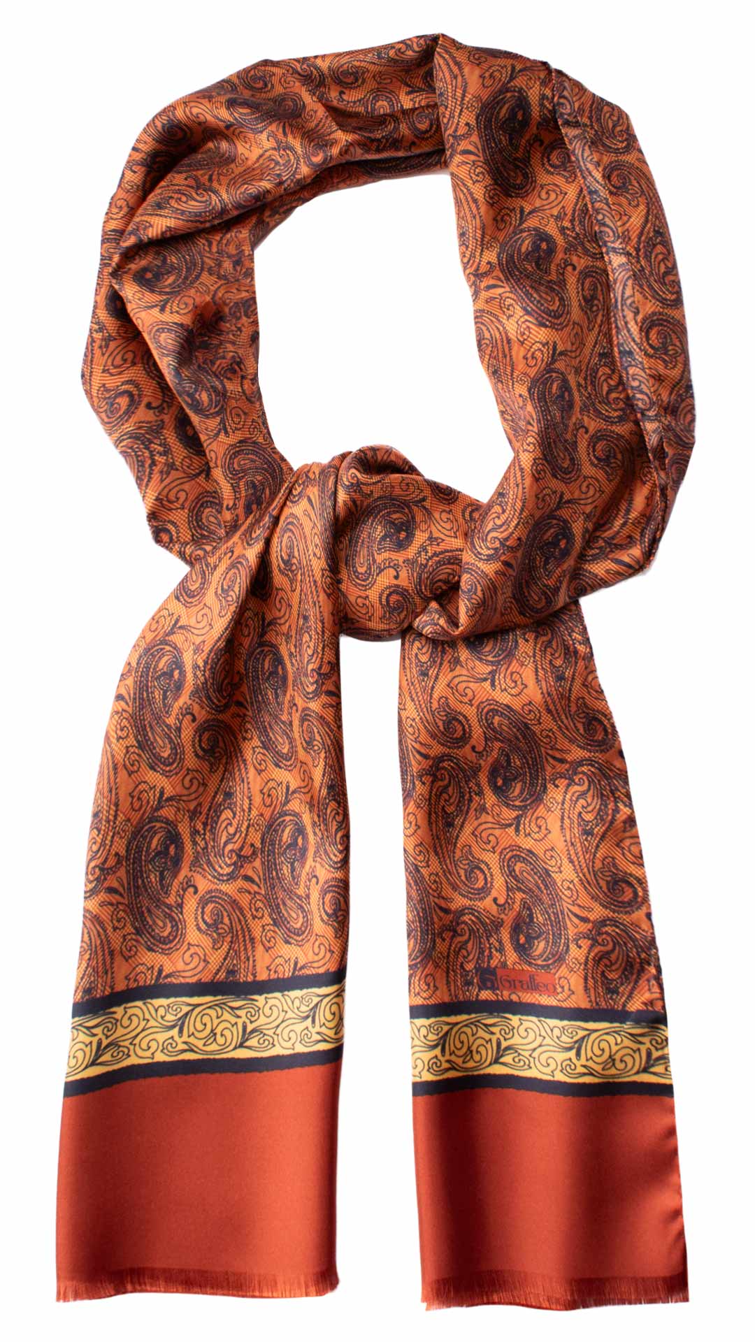 Sciarpa-ad-una-Foglia-di-Seta-Principe-di-Galles-Arancione-Paisley-Blu-Giallo- SF61-Anello