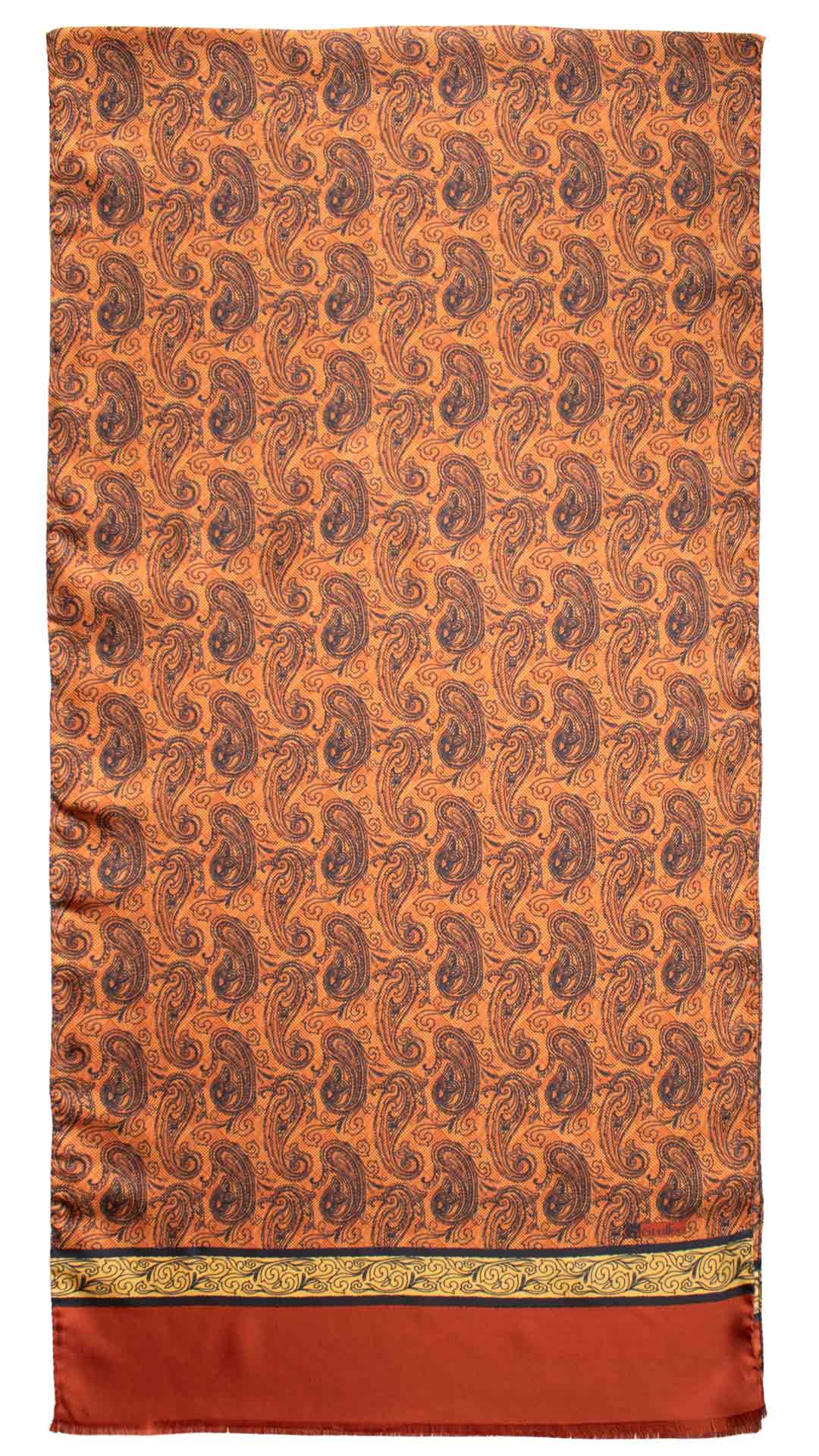 Sciarpa-ad-una-Foglia-di-Seta-Principe-di-Galles-Arancione-Paisley-Blu-Giallo- SF61-Intera