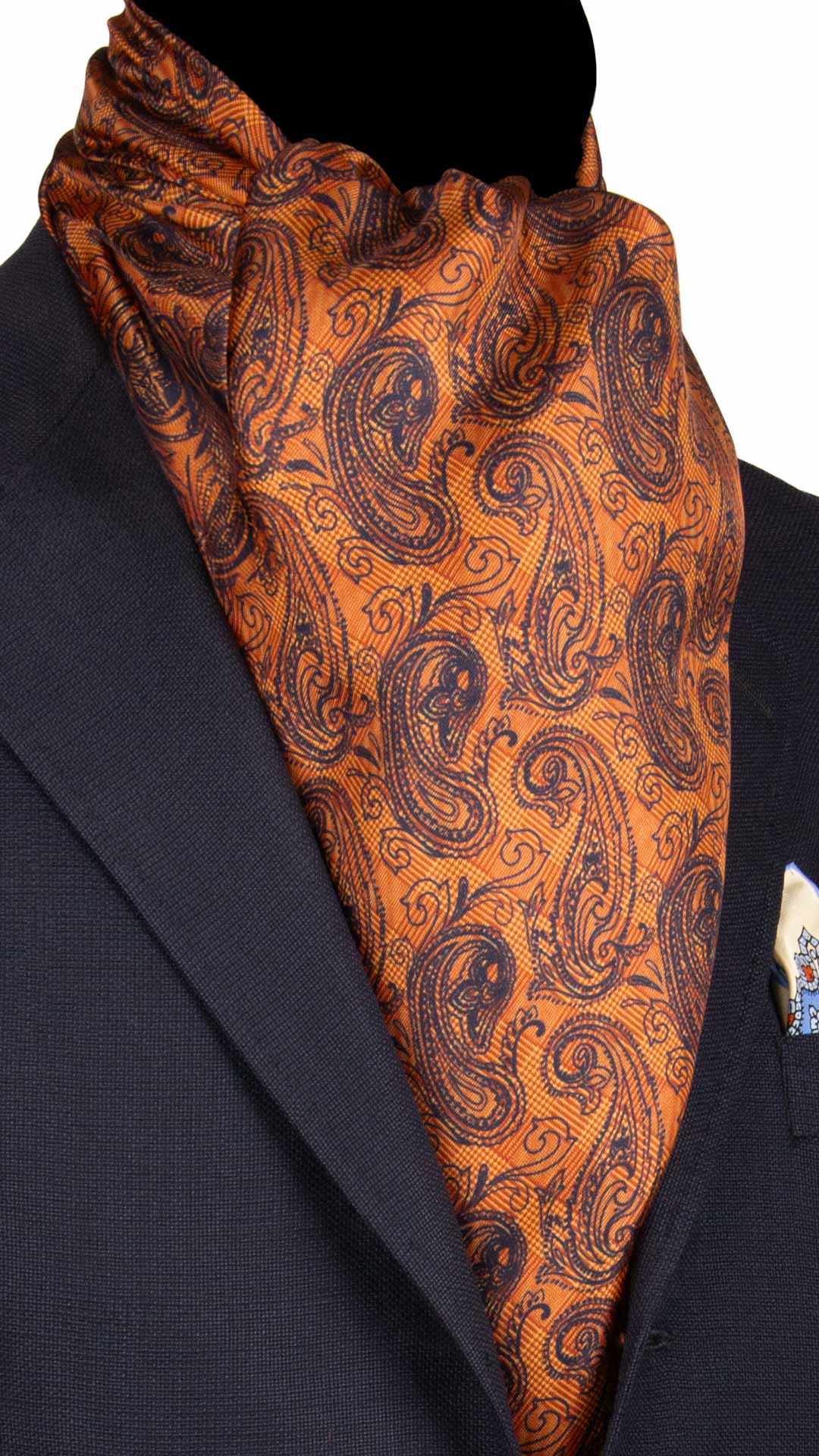 Sciarpa-ad-una-Foglia-di-Seta-Principe-di-Galles-Arancione-Paisley-Blu-Giallo- SF61