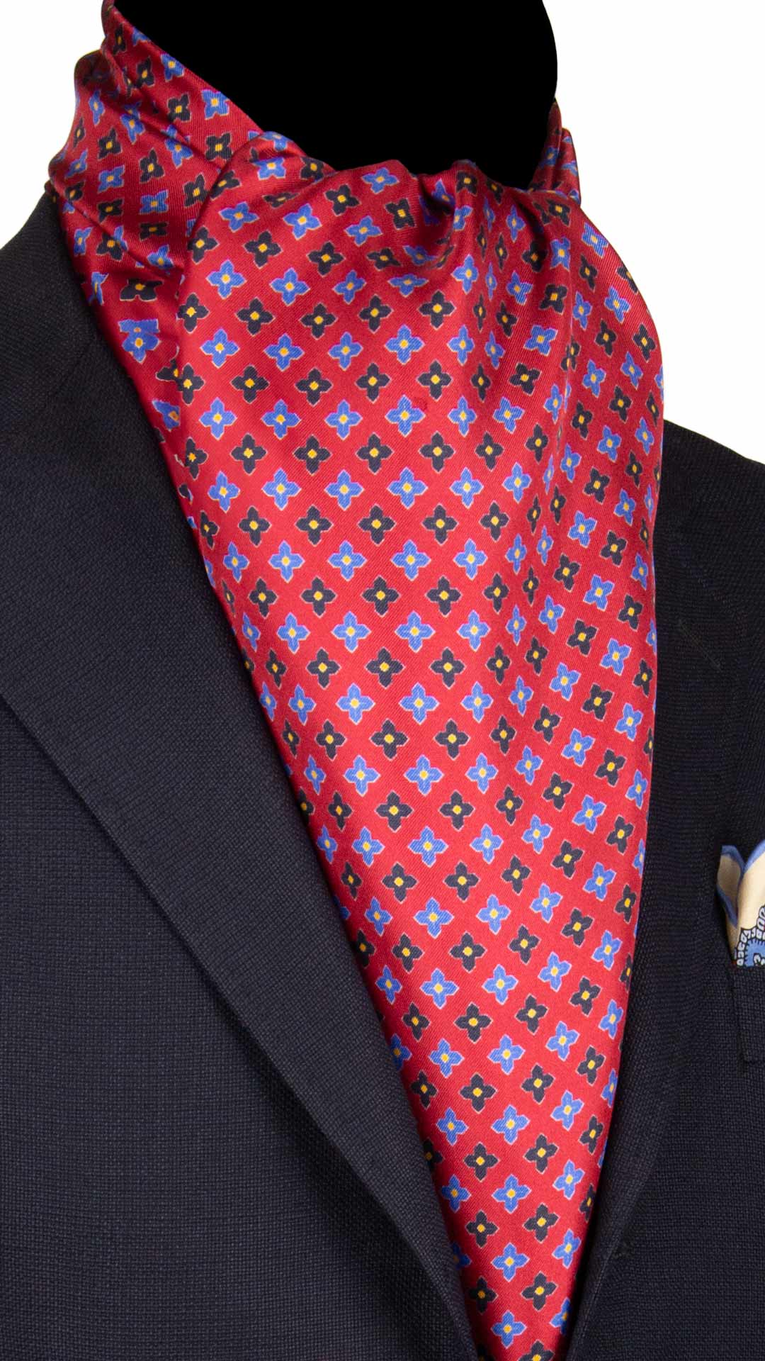 Sciarpa-ad-una-Foglia-di-Seta-Rossa-Fantasia-Bluette-Gialla-Blu-SF67