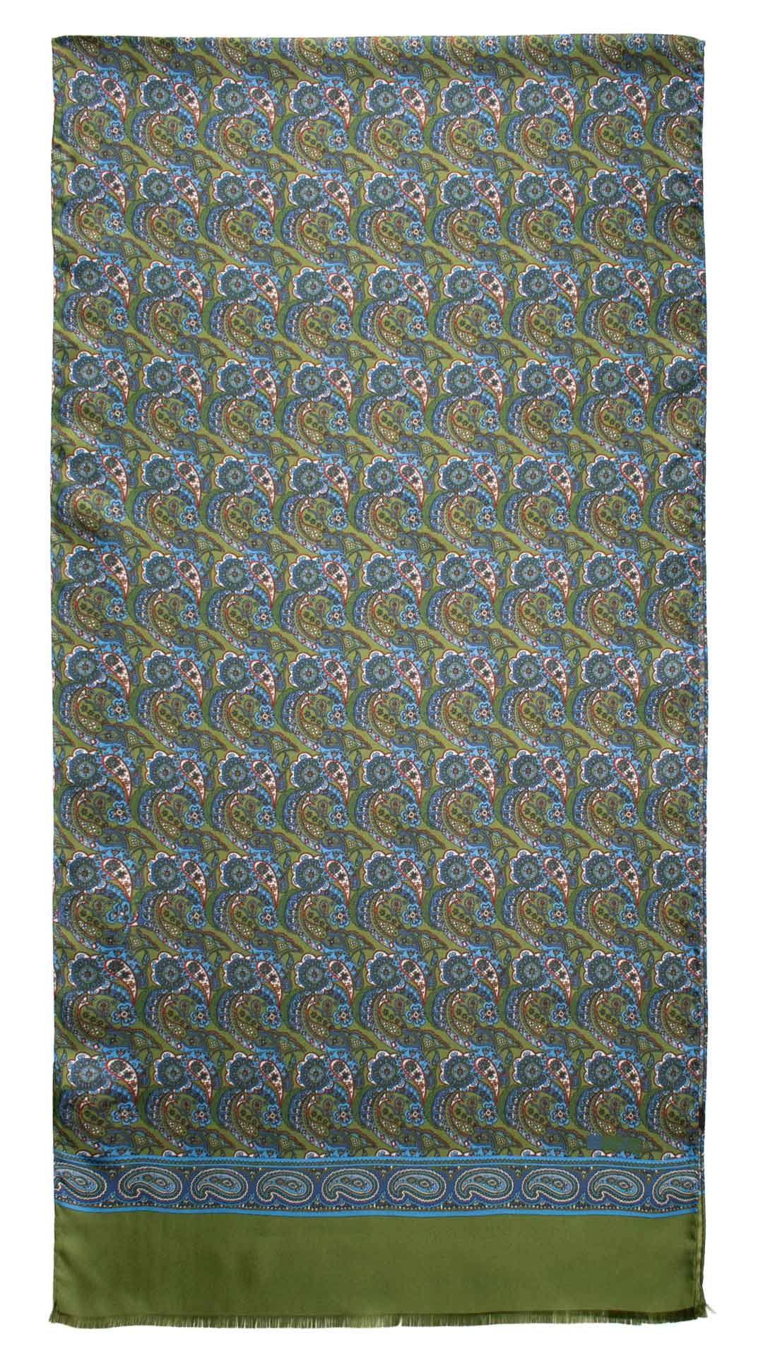 Sciarpa-ad-una-Foglia-di-Seta-Verde-Paisley-Celeste-Bianco-Arancione-SF37
Intera