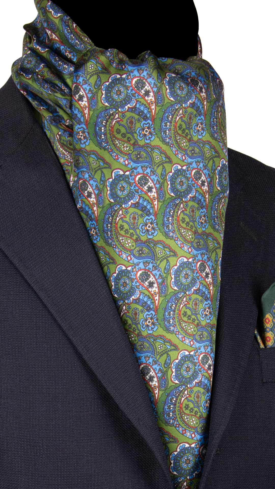 Sciarpa-ad-una-Foglia-di-Seta-Verde-Paisley-Celeste-Bianco-Arancione-SF37