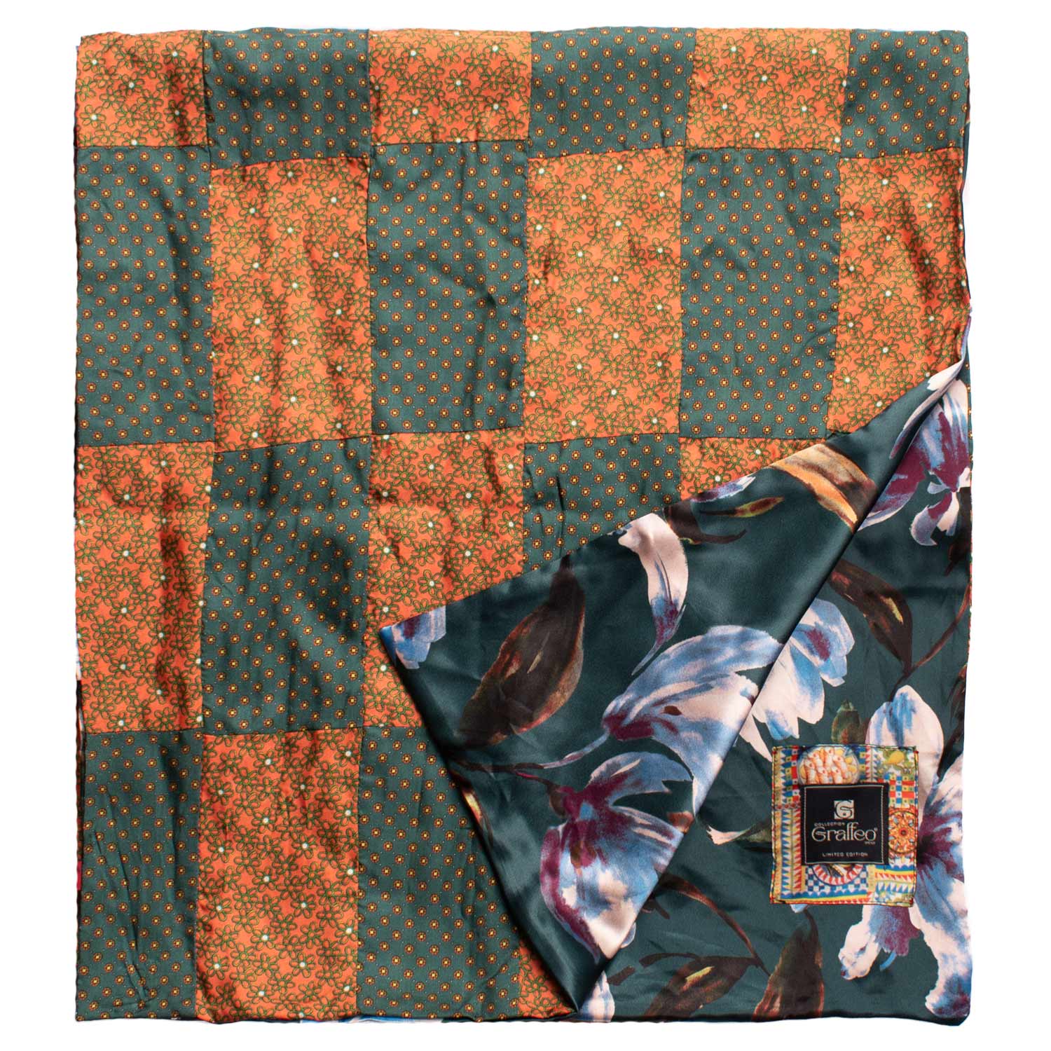 Sciarpa-di-Seta-Arancione-Verde-Vintage-Patchwork-Fantasia- S670
Dettaglio