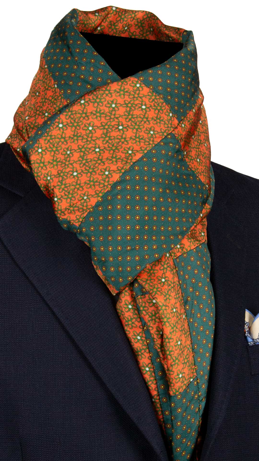 Sciarpa-di-Seta-Arancione-Verde-Vintage-Patchwork-Fantasia- S670