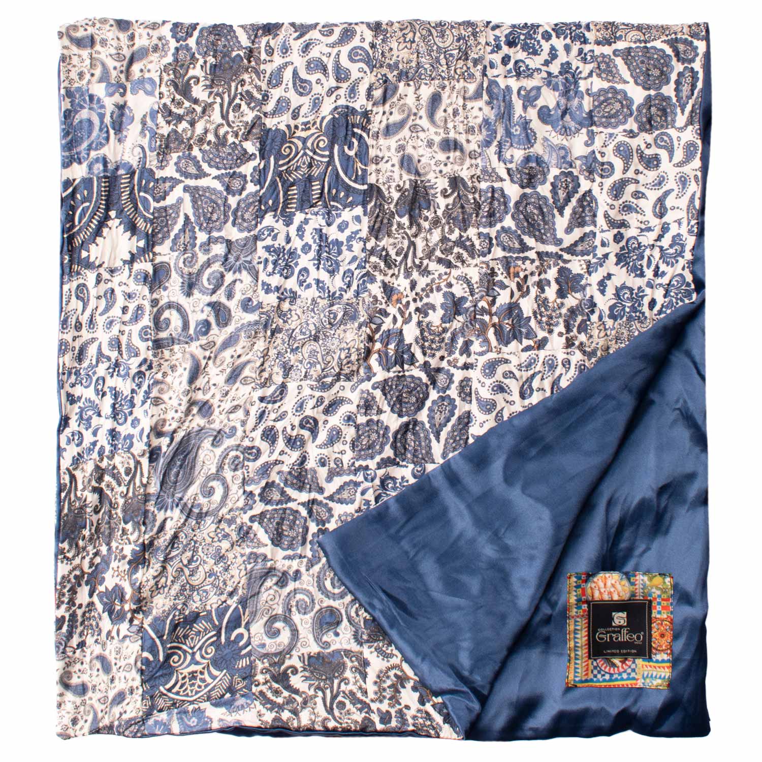 Sciarpa di Seta Bianca Micro Mosaico Vintage Patchwork Paisley Celeste Beige S722 Made in Italy Graffeo Cravatte Dettaglio