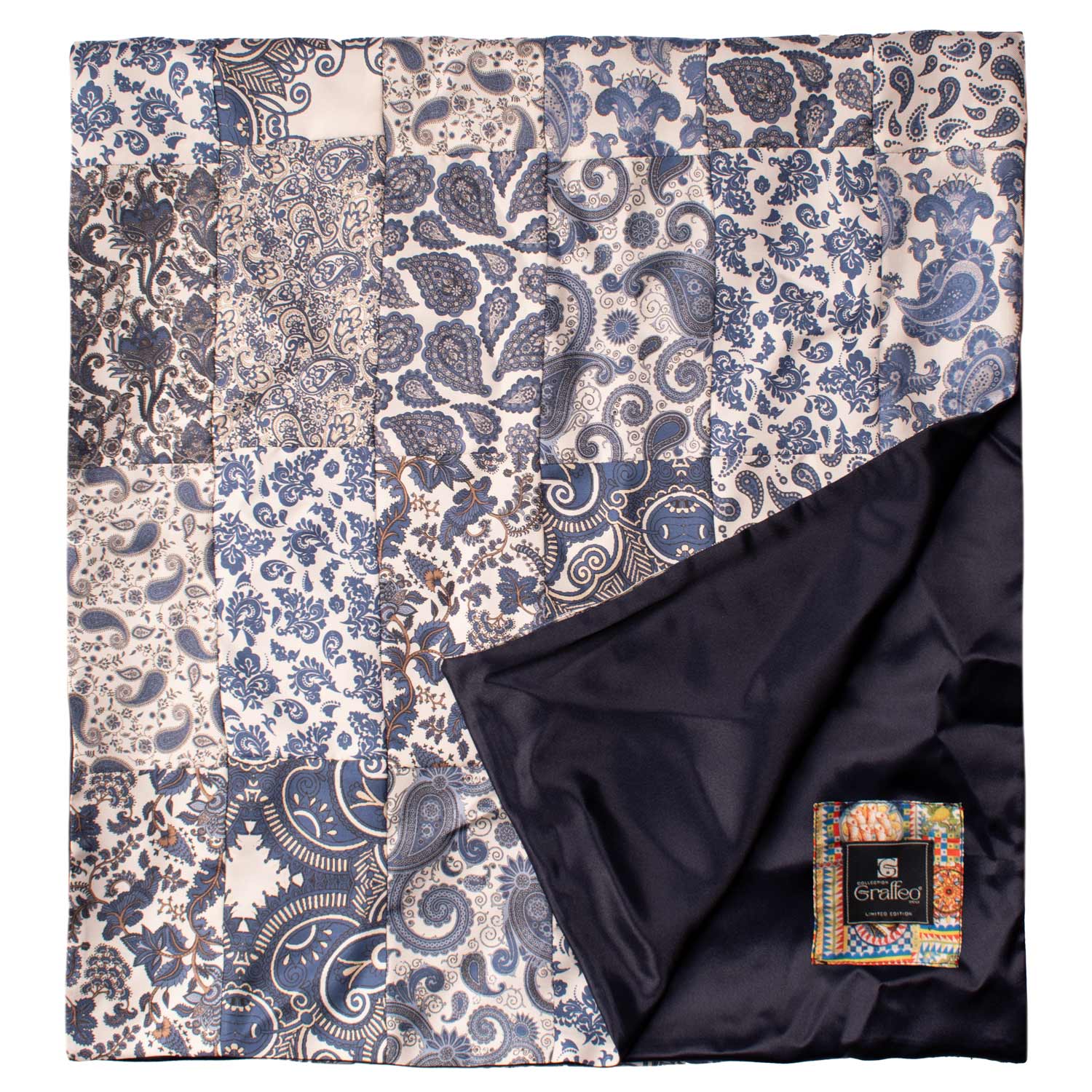 Sciarpa di Seta Bianca Patchwork Paisley Celeste Beige Made in Italy Graffeo Cravatte Dettaglio