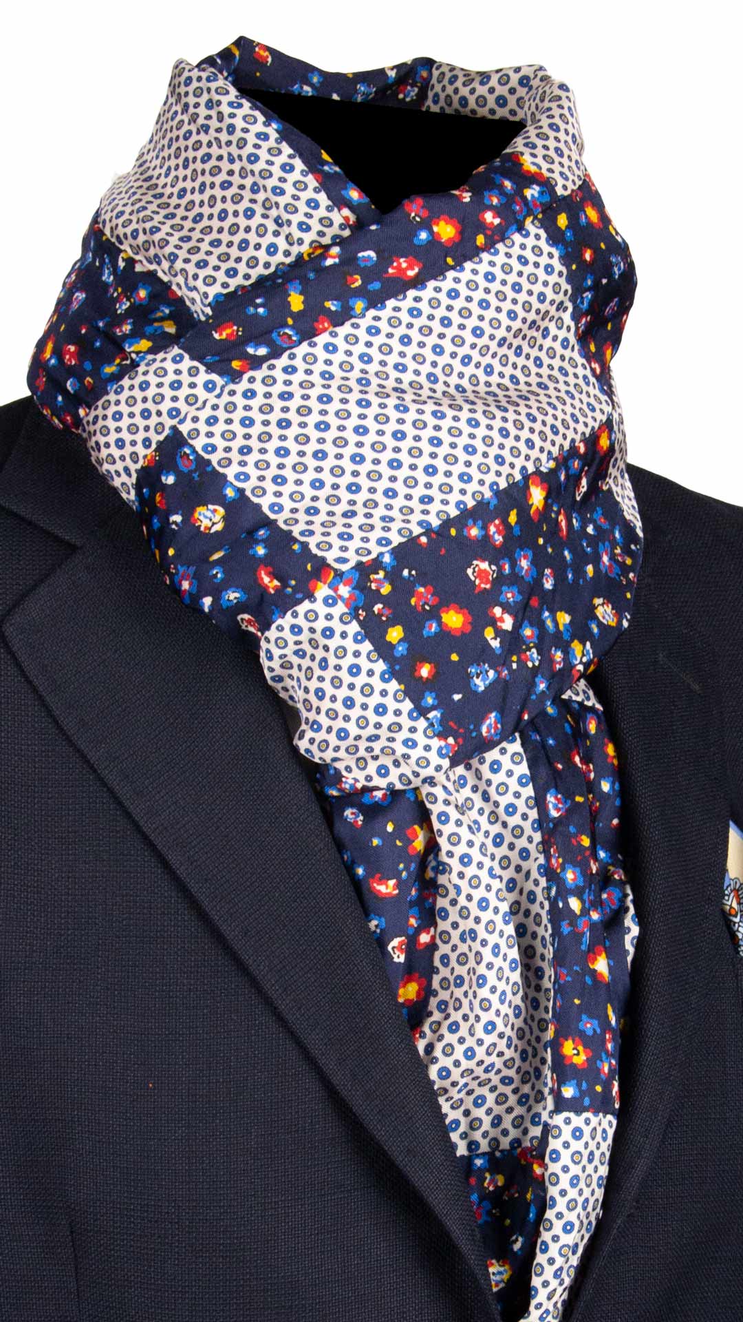 Sciarpa-di-Seta-Blu-Bianca-Vintage-Patchwork-Fantasia-Multicolor- S653