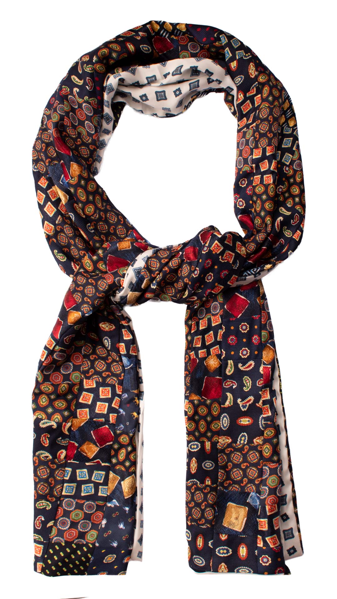 Sciarpa di Seta Blu Micro Mosaico Vintage Patchwork Fantasia Multicolor S558 Made in Italy Graffeo Cravatte Anello