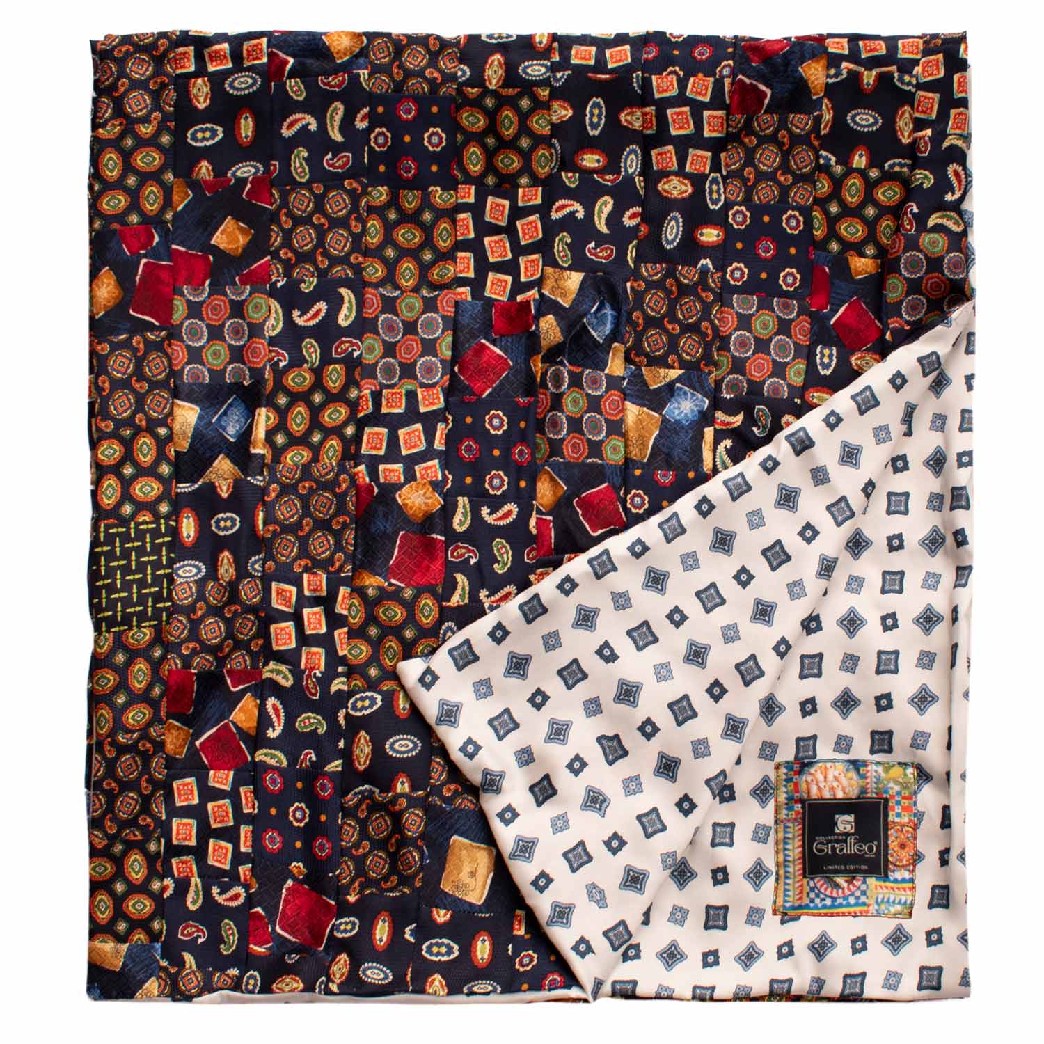 Sciarpa di Seta Blu Micro Mosaico Vintage Patchwork Fantasia Multicolor S558 Made in Italy Graffeo Cravatte Dettaglio