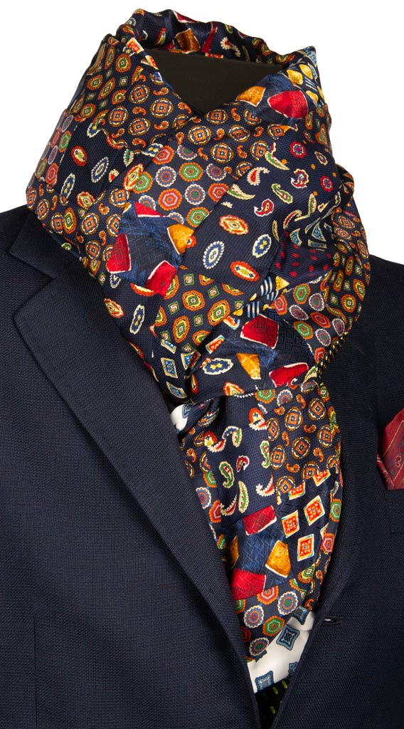 Sciarpa di Seta Blu Micro Mosaico Vintage Patchwork Fantasia Multicolor S558 Made in Italy Graffeo Cravatte