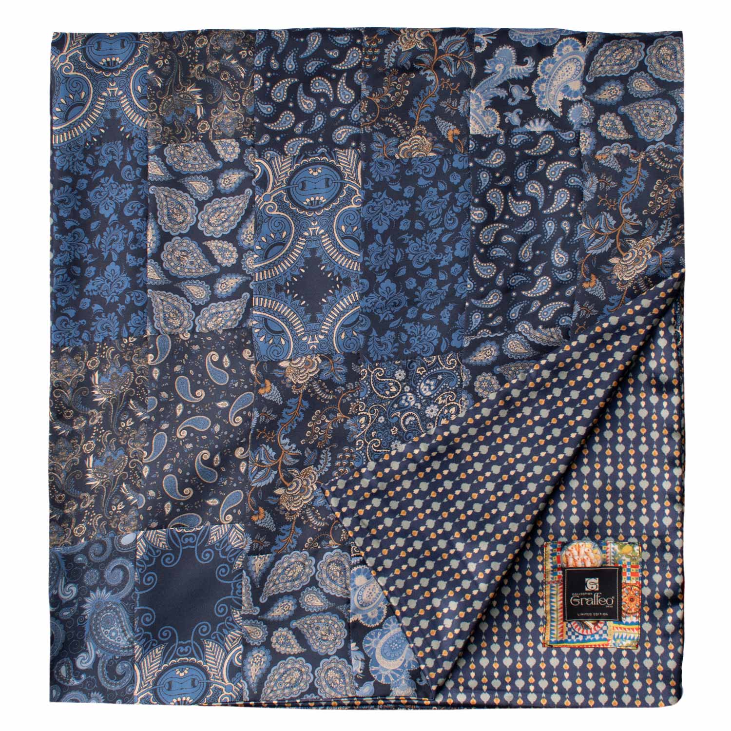 Sciarpa di Seta Blu Patchwork Paisley Celeste Marrone Made in Italy Graffeo Cravatte Dettaglio